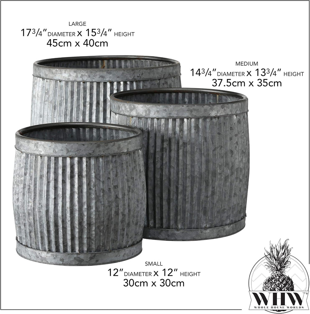 WHW Whole House Worlds French Country Style Belly Bucket Planters, Set of 3, Galvanized Metal, Corrugated Cache Pots, Rustic Wash Basin, from Over 1 Ft Diameter (17-12 Inches)