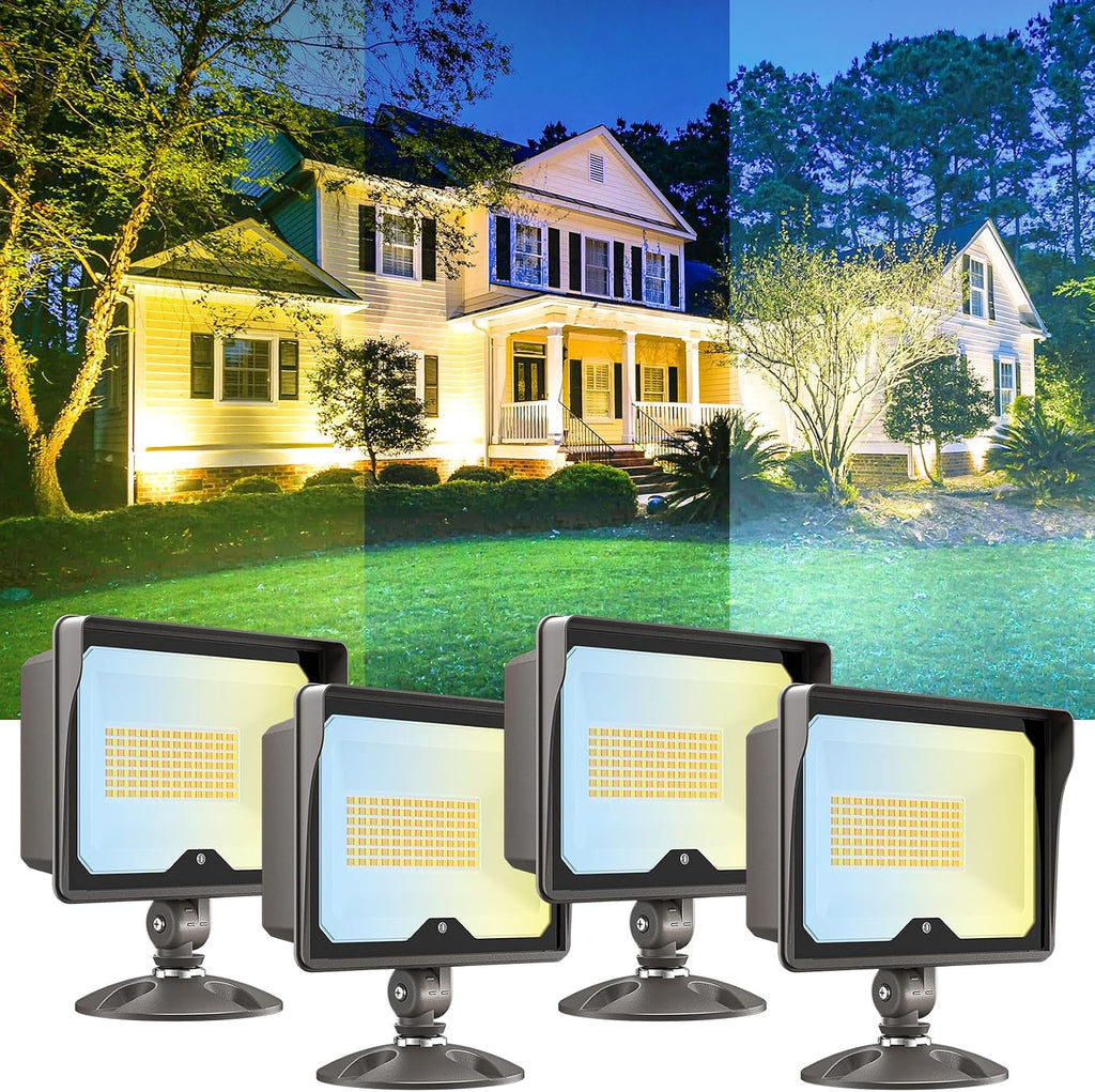 CINOTON 55W LED Flood Light 3CCT (3000K/4000K/5000K), 7700LM Dusk-to-Dawn Photocell Outdoor Security Lighting, 120V IP65 Aluminum Wall Pack for Porch/Barn, 180° Knuckle Mount, 2 Modes, ETL, 4 Pack