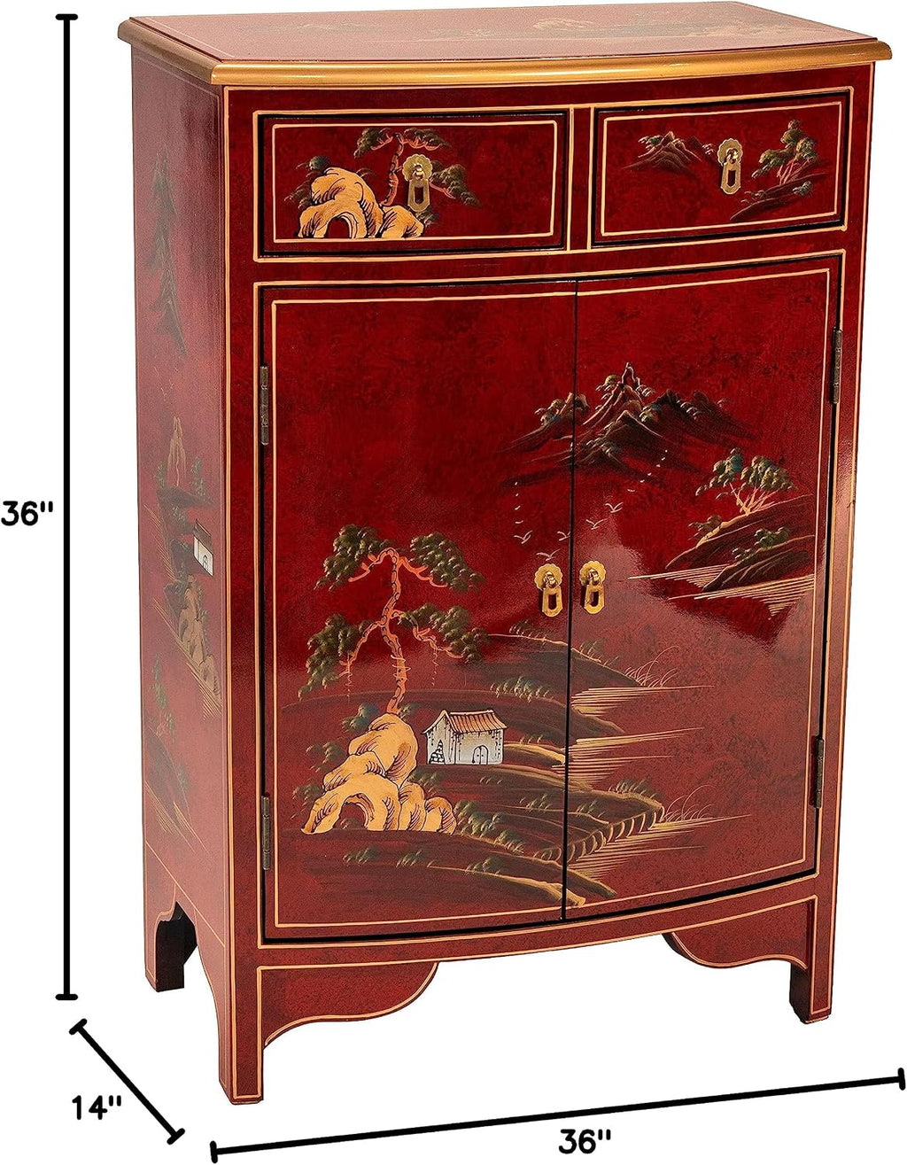 Red Lantern Artisan Crafted Lacquer Storage Cabinet - Red with Hand-Painted Chinese Landscape