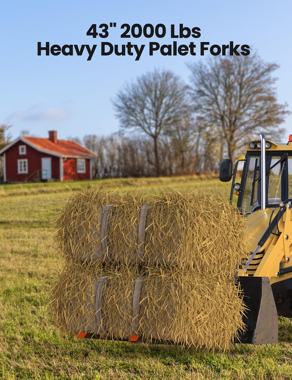 43' Tractor Pallet Forks, 2000 Lbs Clamp-On Bucket Forks with Adjustable Stabilizer Bar, Heavy Duty Carbon Steel Skid Steer Loader Attachments for Moving Logs, Lumber & Debris