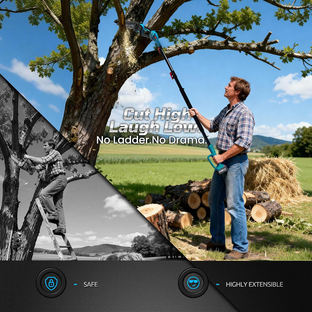 Cordless 2-in-1 Pole Saw & 8' Mini Chainsaw,Brushless 1200W Motor,2x21V 4.0Ah Batteries,Extension Pole with 0-180° Adjustable Head,Auto Oiling,Max 16FT Reach for Tree or Branches Tree Trimming