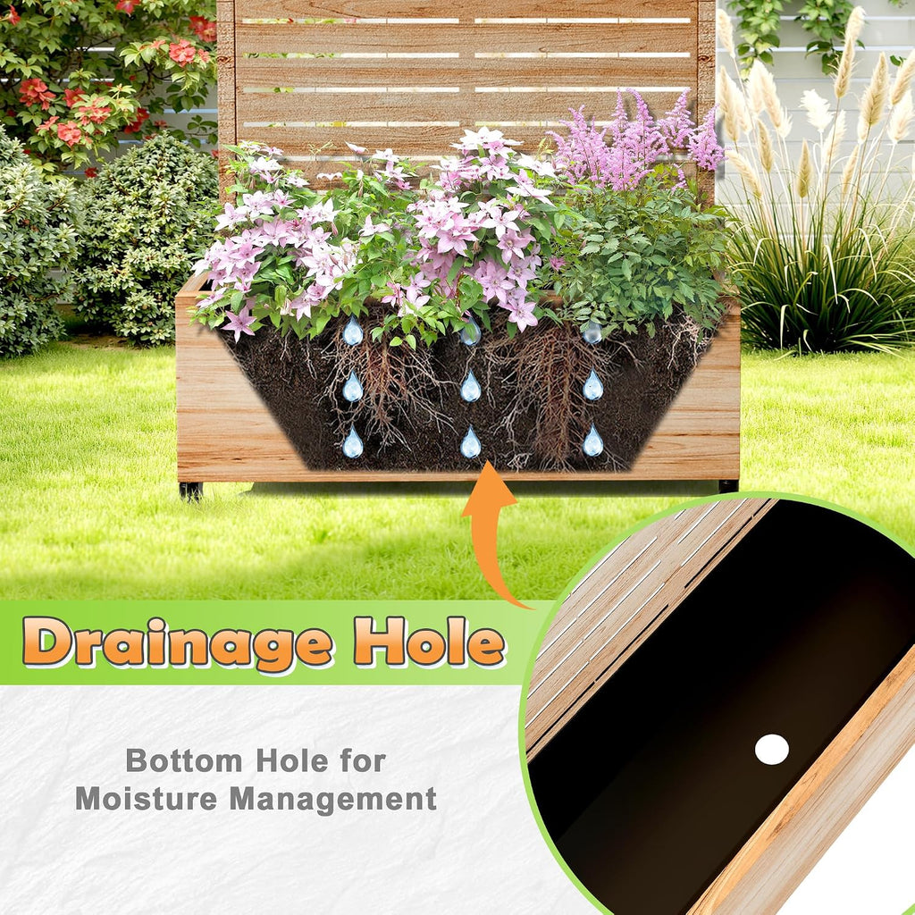 Metal Raised Garden Bed with Trellis, 2-in-1 Planter Box & Privacy Screen for Climbing Plants, Outdoor Standing Flower Bed with Drainage Holes, 35.4'L x 15.7'W x 70.1'H, Acacia Wood Grain-Louvered