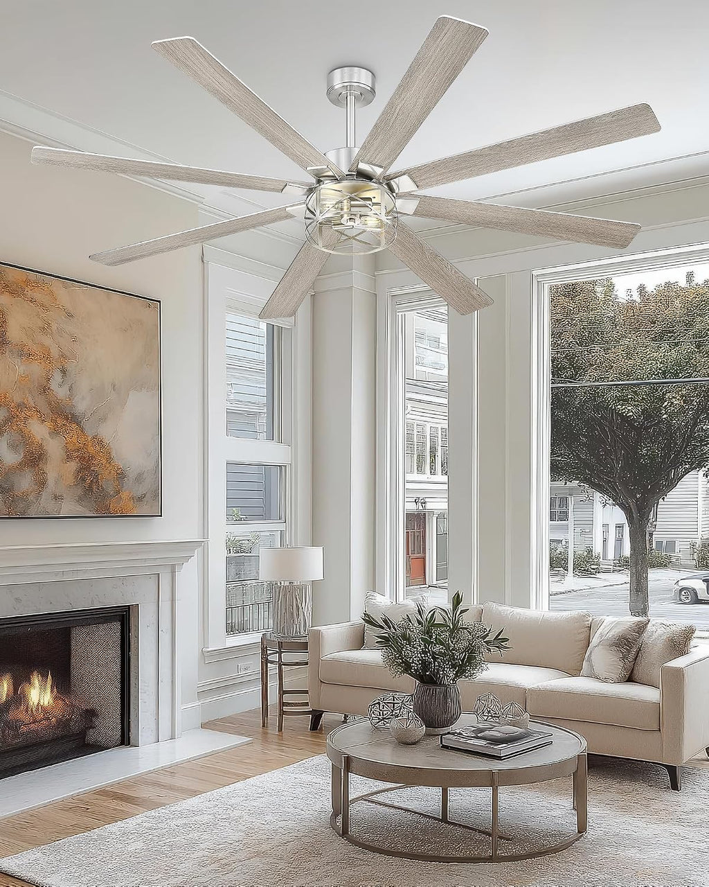 YOUKAIN Ceiling Fans with Lights, 72 Inch Farmhouse Ceiling Fan with Light and Remote, 8-Reversible, Brushed Nickel Finish, Indoor/Outdoor Ceiling Fans for Living Room, Bedroom, 72-YJ632-BNW