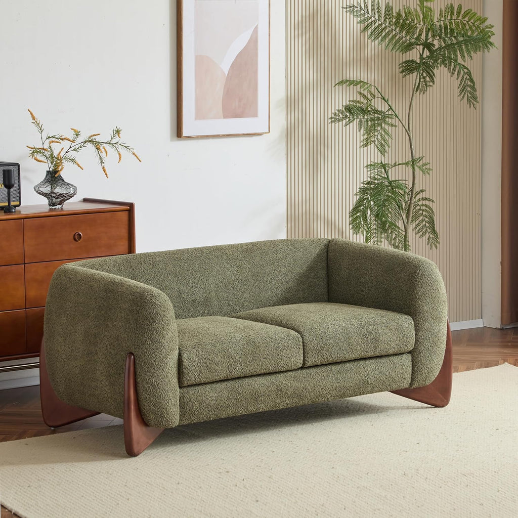 Christopher Knight Home Alma 63' Boucle Loveseat with Wood Legs, 2 Seater Sofa Couches for Living Room, Upholstered Couch Chair, Soft Seating Lounge Sofa Chair, Cozy Loveseat with Armrest, Olive Green