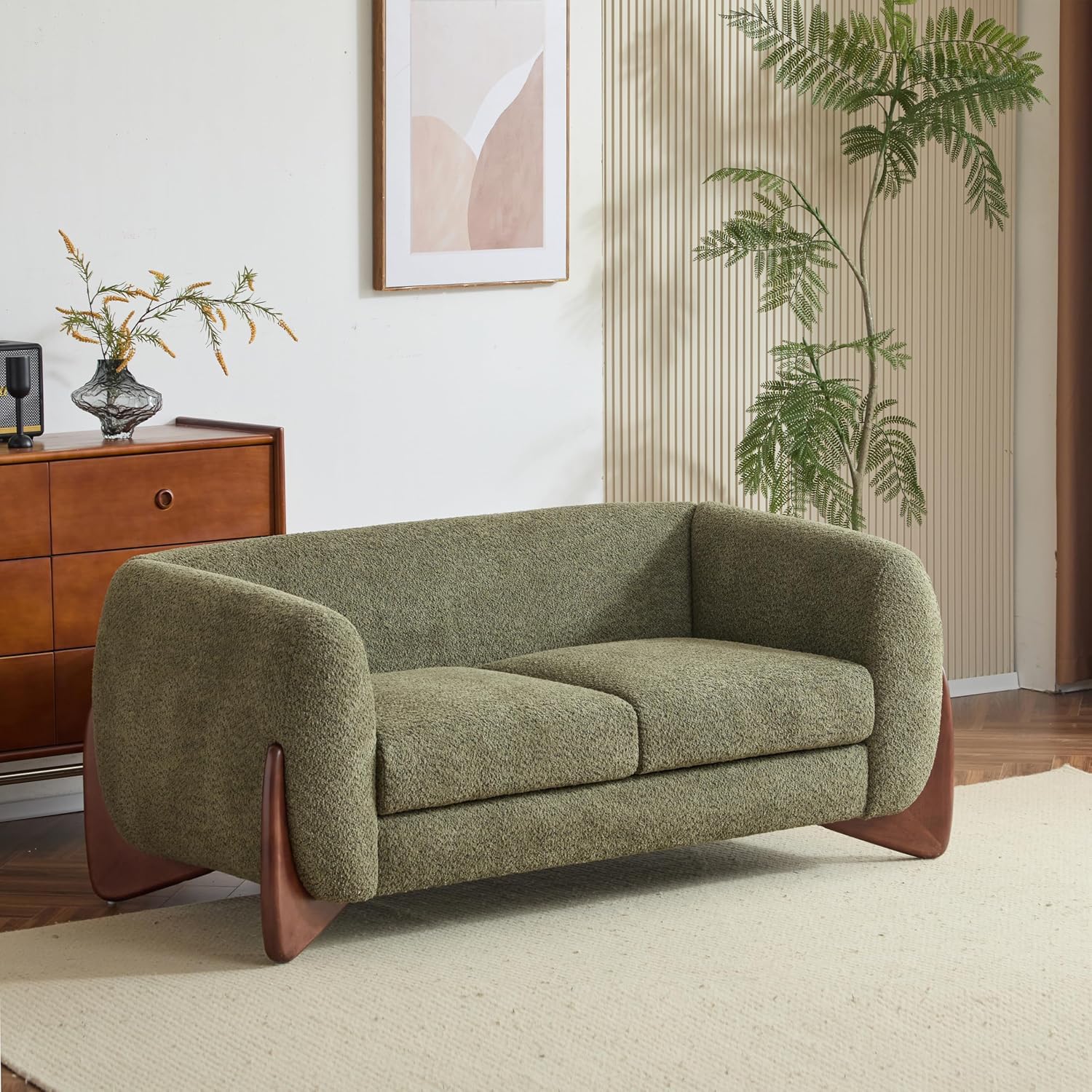 Christopher Knight Home Alma 63' Boucle Loveseat with Wood Legs, 2 Seater Sofa Couches for Living Room, Upholstered Couch Chair, Soft Seating Lounge Sofa Chair, Cozy Loveseat with Armrest, Olive Green
