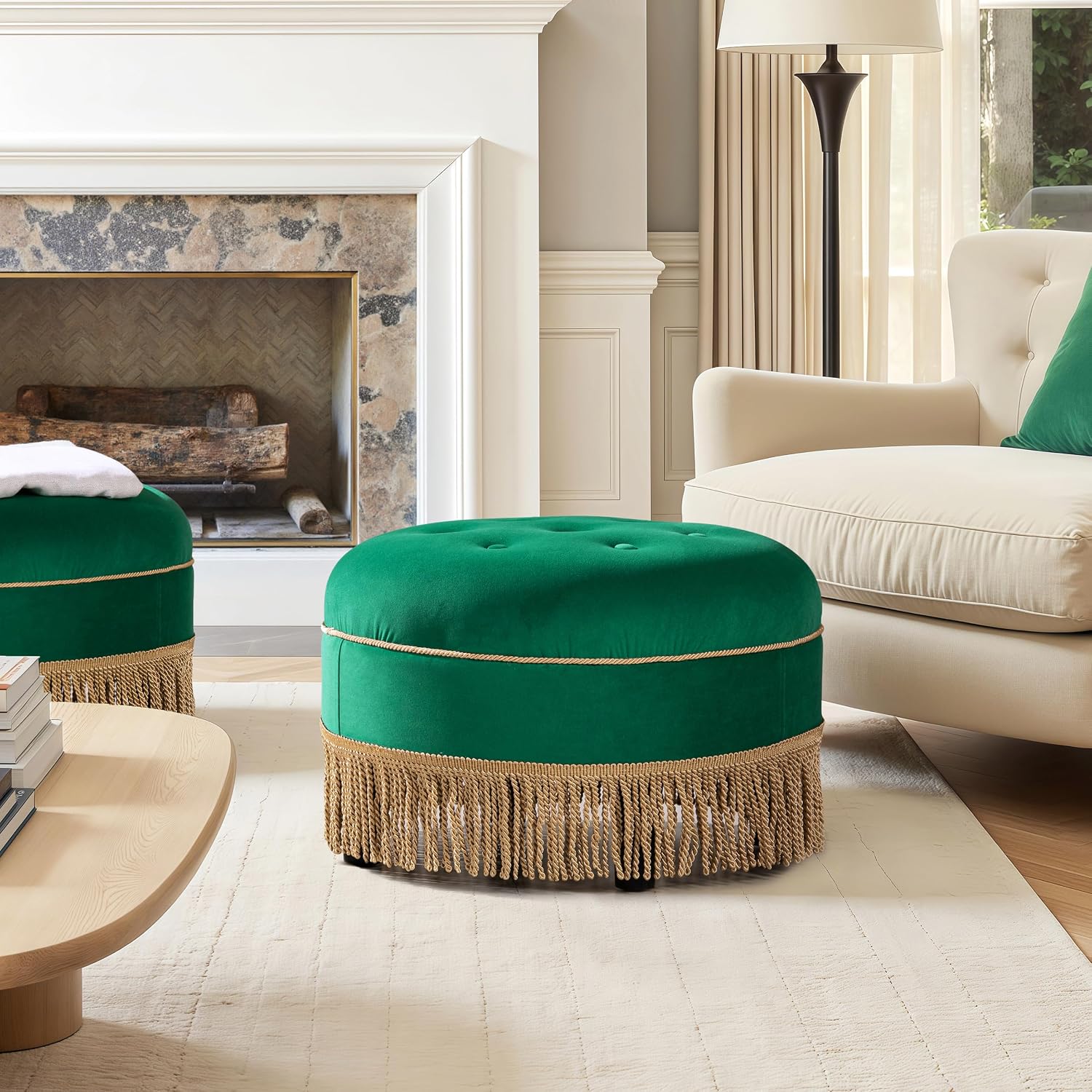 Jennifer Taylor Home Yolanda 24' Round Upholstered Accent Ottoman, Ultramarine Green