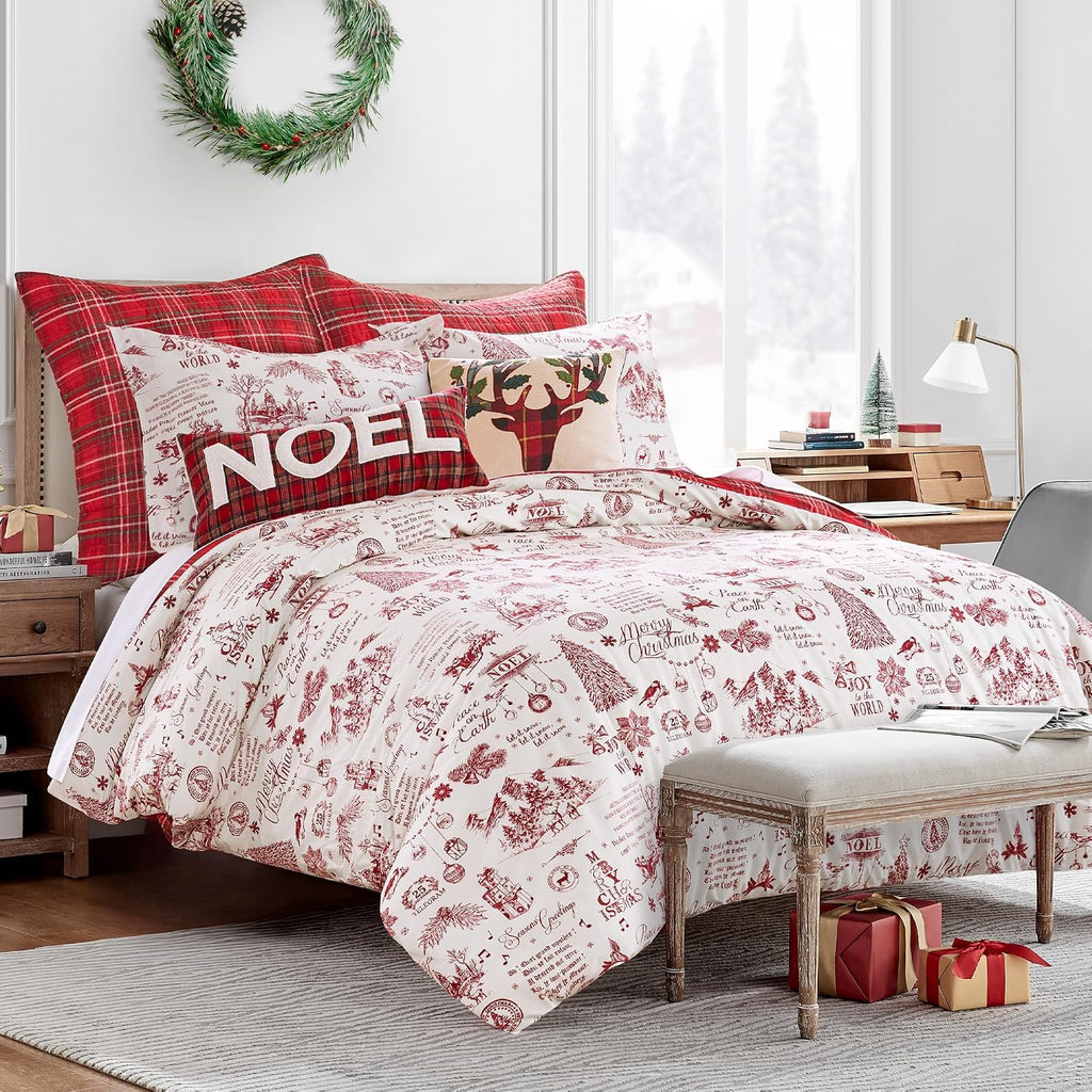 Levtex Home - Yuletide Comforter Set - Full/Queen Comforter 90x94 and Two Standard Pillow Cases 20x26 - Christmas Holiday Script - Red and Cream - Cotton