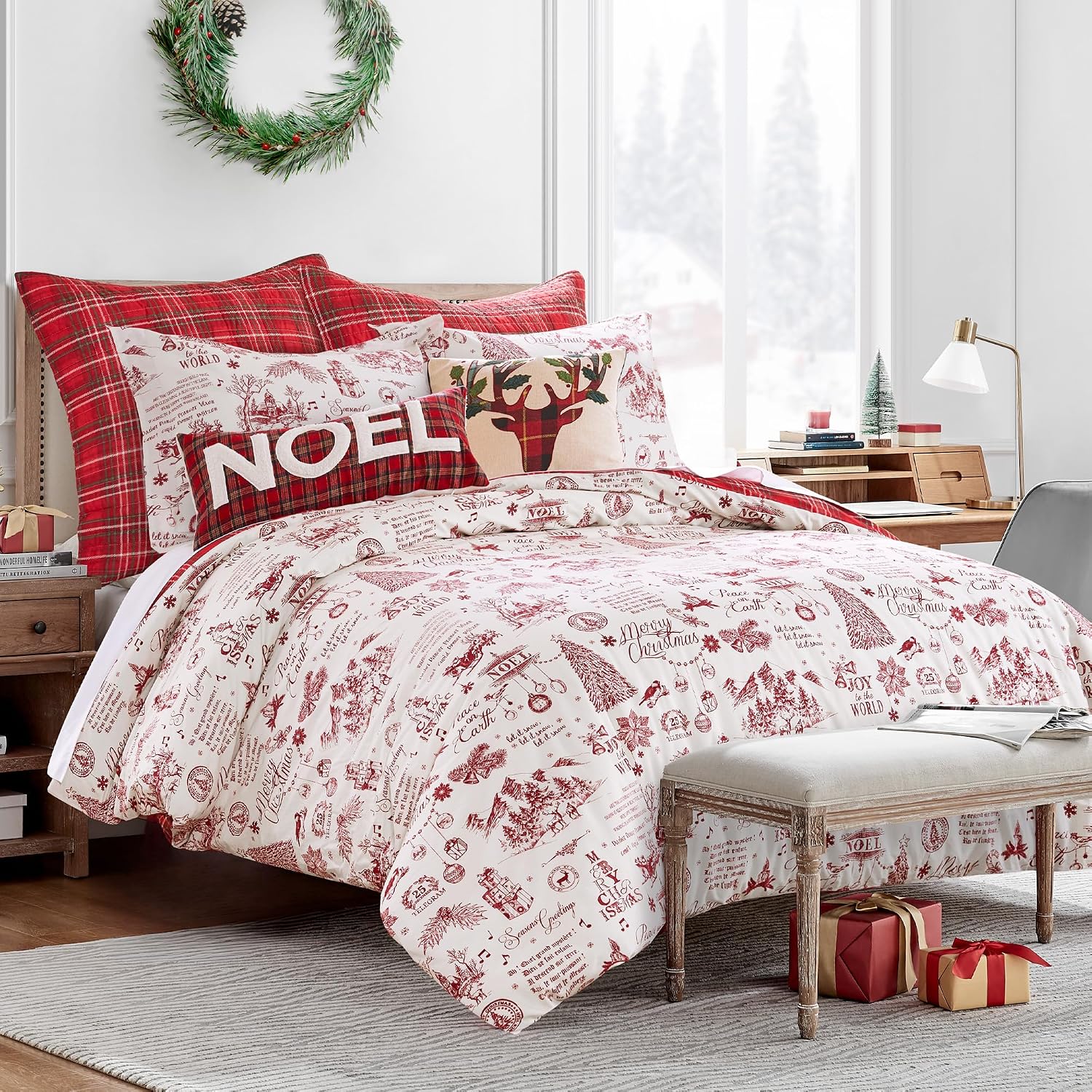 Levtex Home - Yuletide Comforter Set - Full/Queen Comforter 90x94 and Two Standard Pillow Cases 20x26 - Christmas Holiday Script - Red and Cream - Cotton