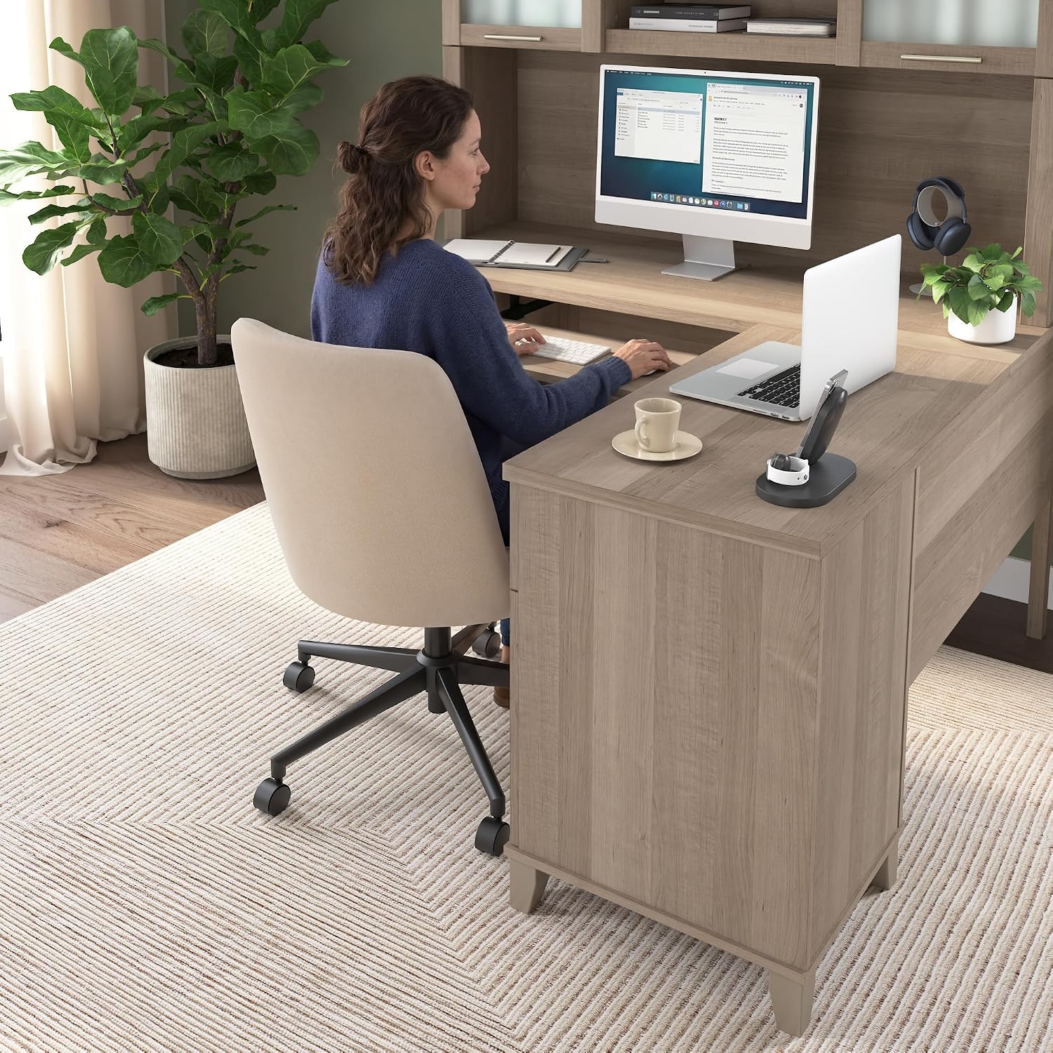 Bush Home 60-Inch L-Shaped Desk with Hutch, Corner Computer Office Desk with File and Box Drawers, Shelves and Storage Cabinet, Home Office Workstation, Somerset Collection, Ash Gray