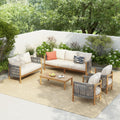 Christopher Knight Home Havets 5 Pieces Outdoor Acacia Furniture Set, Woven Rope Loveseat and Accent Club Chairs, 6' Thick Cushions Sofa and Coffee Table Set for Backyard Garden Balcony, Gray+Beige