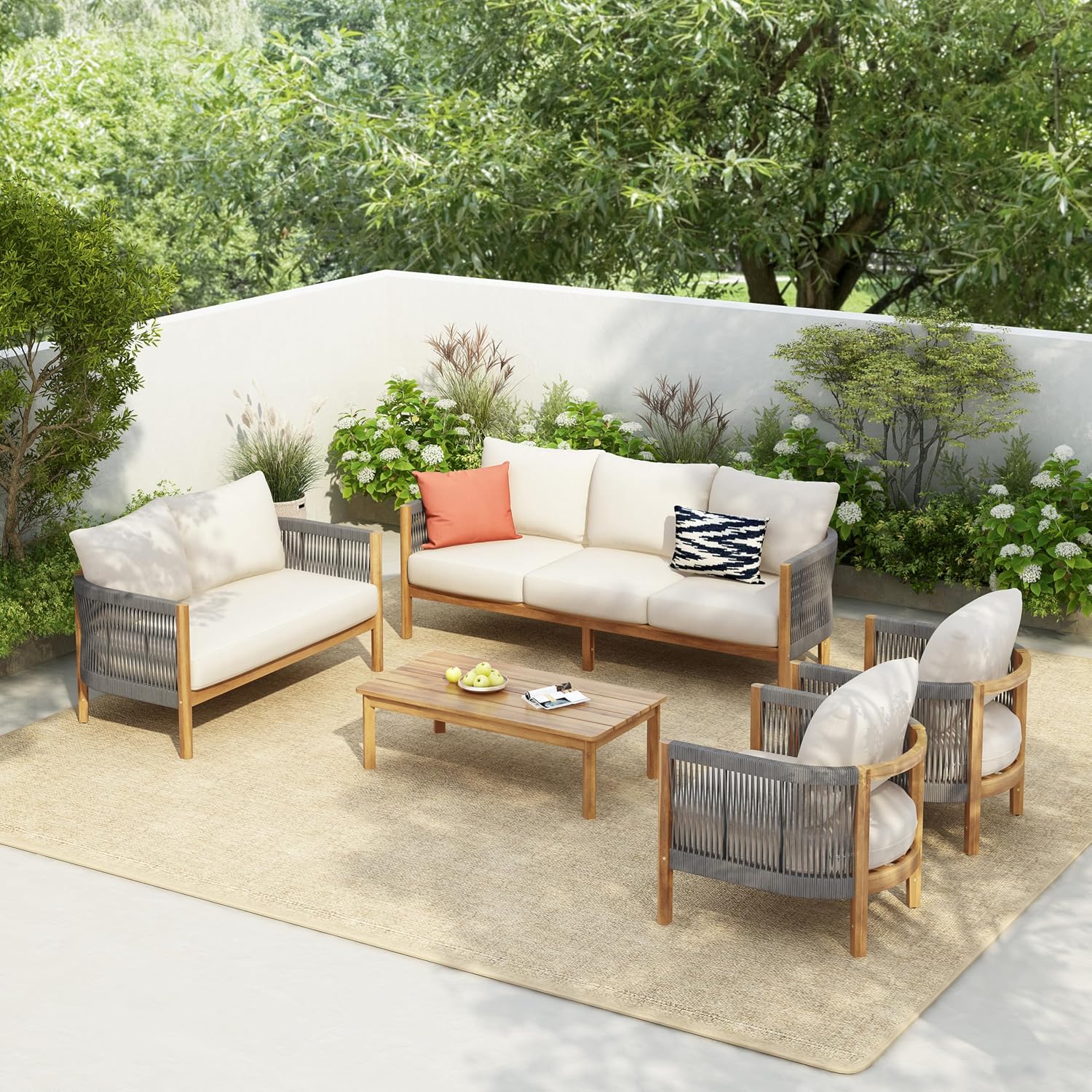 Christopher Knight Home Havets 5 Pieces Outdoor Acacia Furniture Set, Woven Rope Loveseat and Accent Club Chairs, 6' Thick Cushions Sofa and Coffee Table Set for Backyard Garden Balcony, Gray+Beige