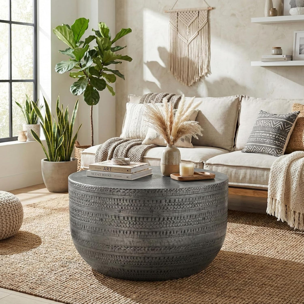 SIMPLIHOME Johnsen Metal Coffee Table - 30 inch Wide Solid Metal Round Drum Accent Table in Distressed Nickel, Boho Coffee Table for Living Room with Decorative Textured Design, Assembled