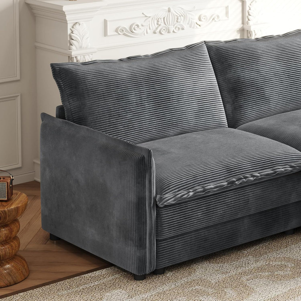 Gecheer Corduroy Fabric 3-Seater Couch with Movable Footrest, L-Shaped Sofa Set with 3 Cushions for Living Room, Bedroom, Terrace