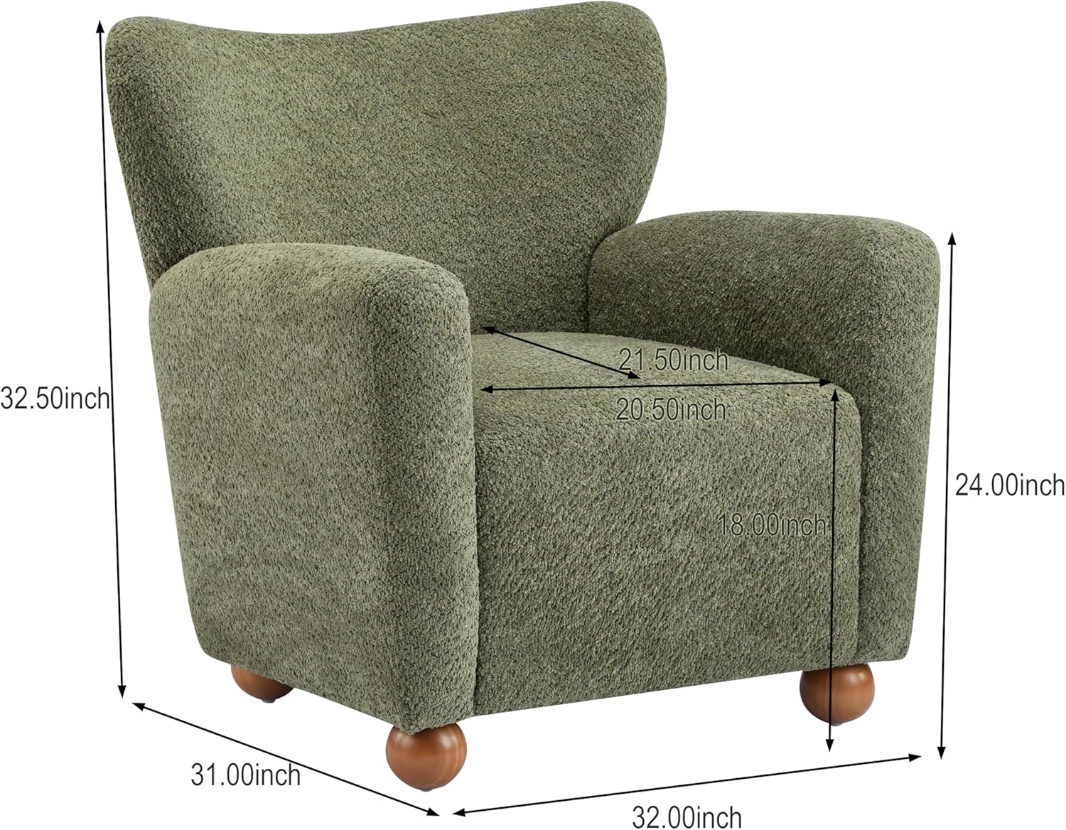 Christopher Knight Home Lindy Wingback Accent Chair, Upholstered Armchair with Rounded Wooden Legs, Curved Backrest Single Sofa, Soft Cushion Seating, Comfy Lounge Chair for Living Room, Olive Green