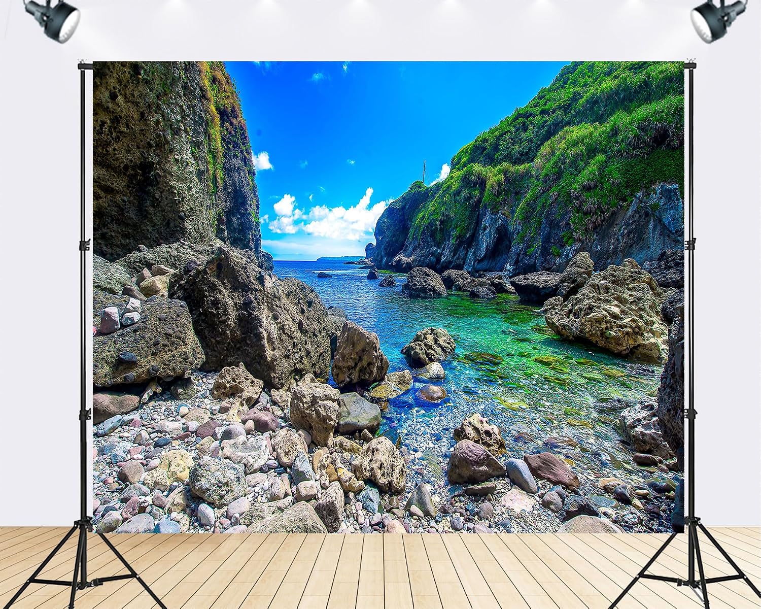 Trykid 20x10ft Clear Cove Rock Backdrop Green Cliff Turquoise Water Photography Background Tropical Adventure Exploration Shoot Tapestry Party Decoration Photo Studio Prop Fabric