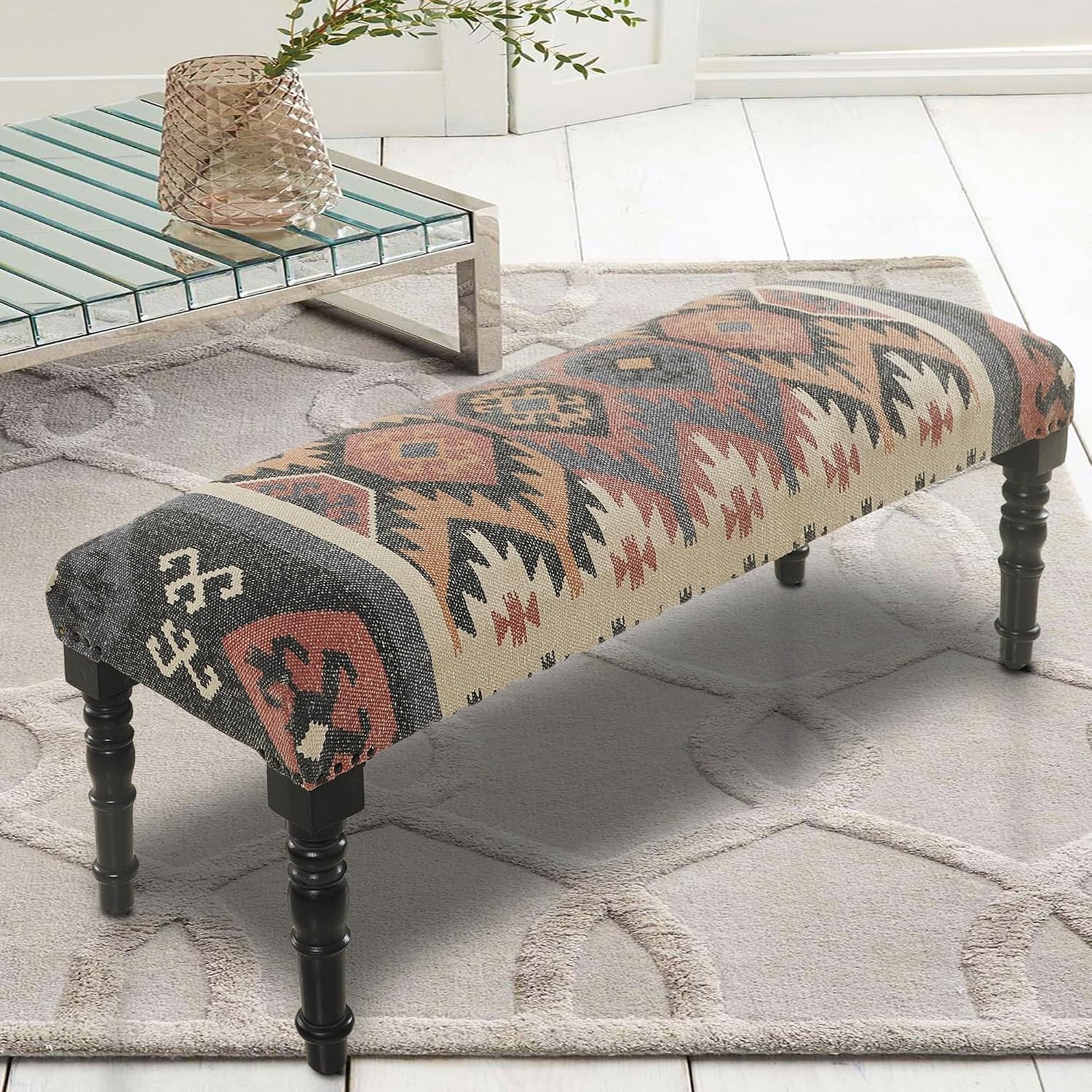 LR Home Upholstered Bench for Bedroom End of Bed |Southwestern Vintage Ottoman Bench with Cushion for Dining, Living Room, Entryway, Window, Outdoor | 47' W X 16' D X 18' H | Red/Ivory/Multicolor