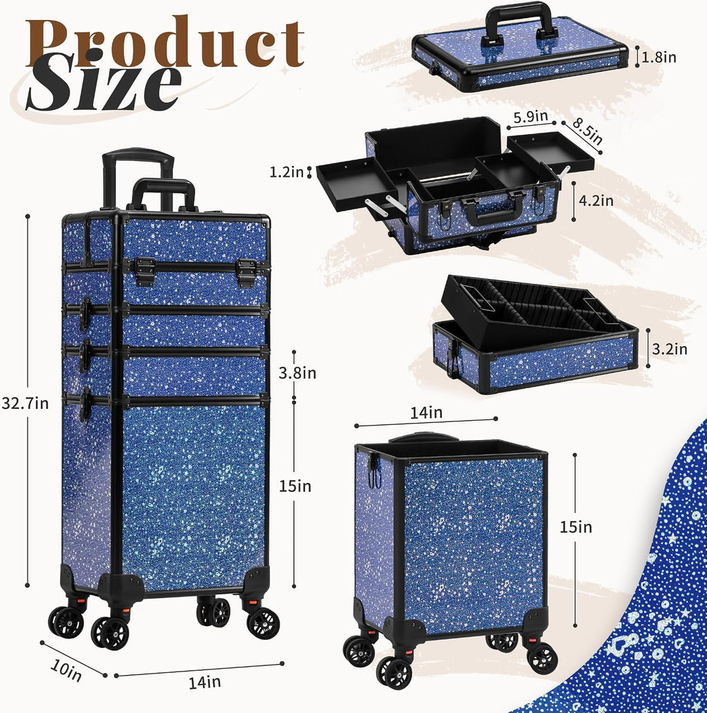AROUS Rolling Makeup Train Case 5 in 1 Cosmetology Case on Wheels Large Cosmetic Organizer Travel Cart for Hairstylist Artist Nail Beauty Salon Barber,Blue