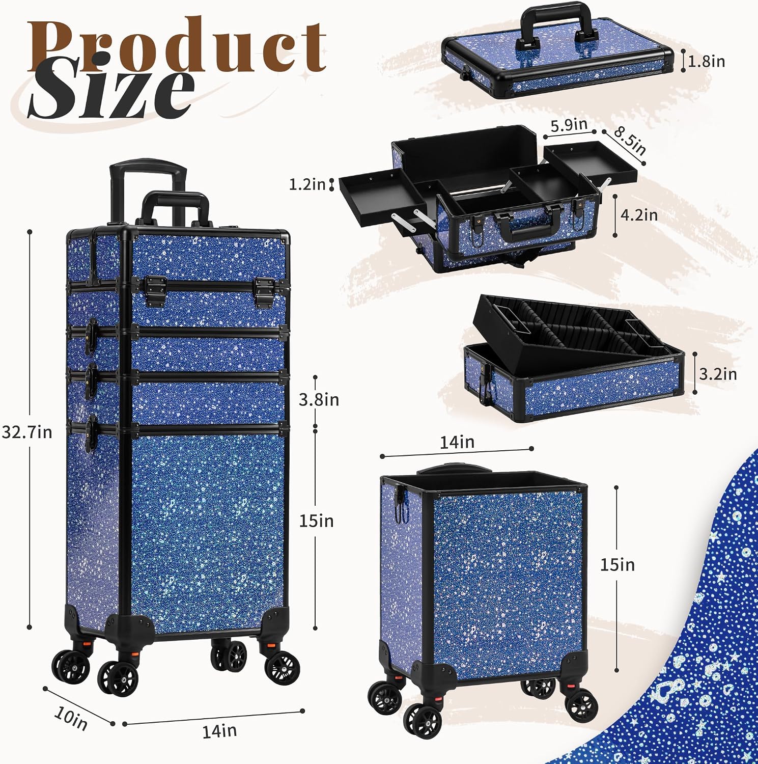 AROUS Rolling Makeup Train Case 5 in 1 Cosmetology Case on Wheels Large Cosmetic Organizer Travel Cart for Hairstylist Artist Nail Beauty Salon Barber,Blue