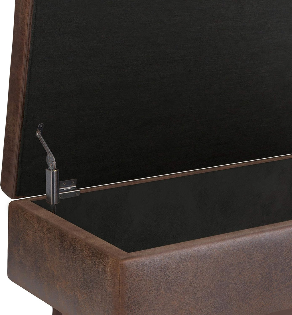 SIMPLIHOME Owen Small Rectangular Storage Ottoman - 36 inch Wide Upholstered Vegan Leather Lift-Top Ottoman in Distressed Chestnut Brown, Mid-Century Modern Ottoman for Living Room with Tufted Detail