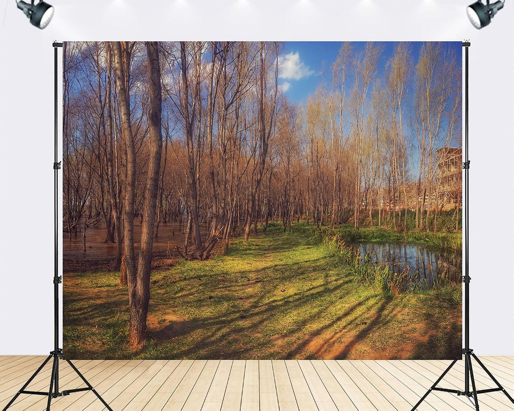 Trykid 20x10ft Forest Stream Grass Lawn Backdrop Slender Tree Sunlit Meadow Clear Lake Shade Wetland Scenery Photography Background Outdoor Theme Party Decoration Photo Booth Prop Fabric
