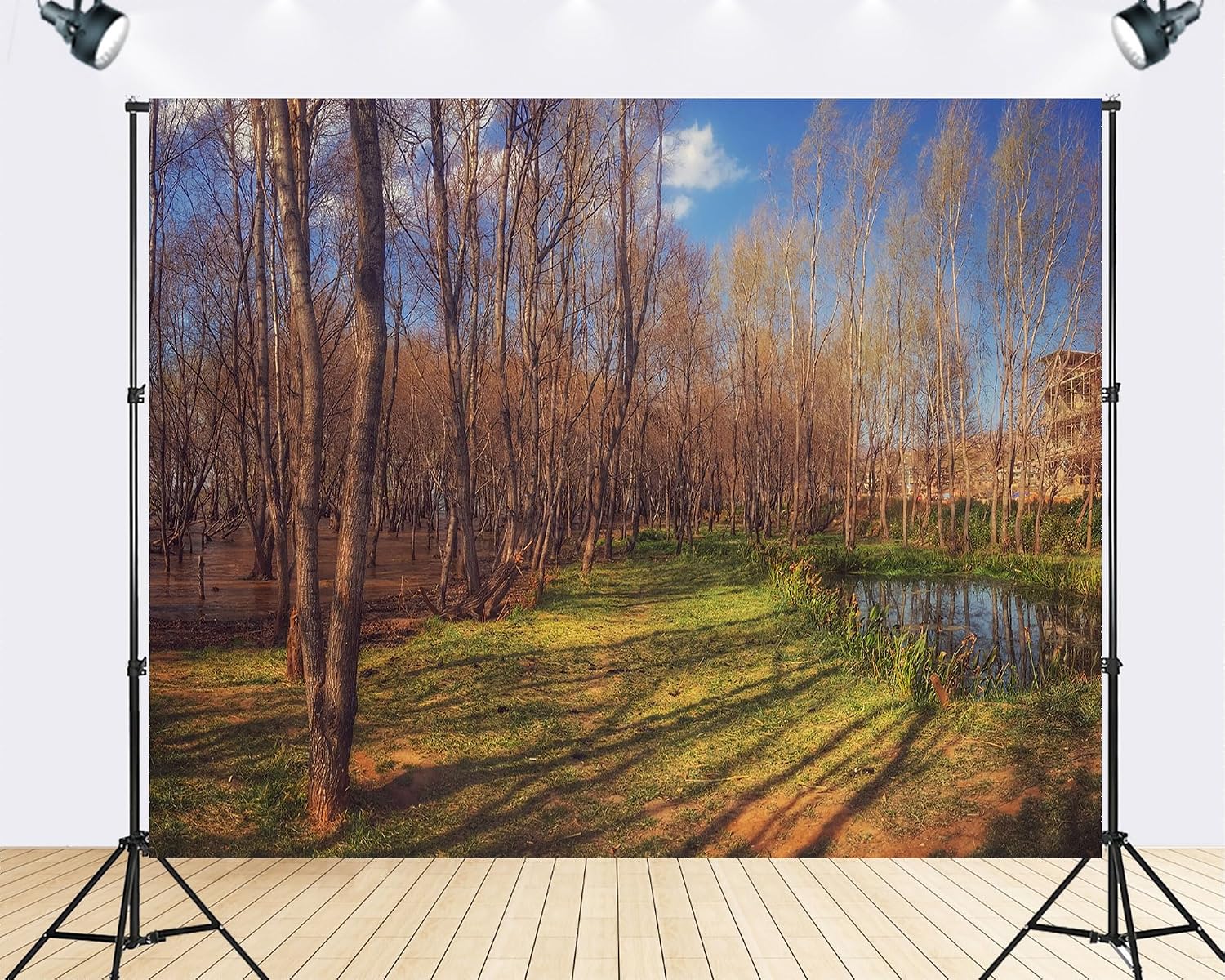 Trykid 20x10ft Forest Stream Grass Lawn Backdrop Slender Tree Sunlit Meadow Clear Lake Shade Wetland Scenery Photography Background Outdoor Theme Party Decoration Photo Booth Prop Fabric