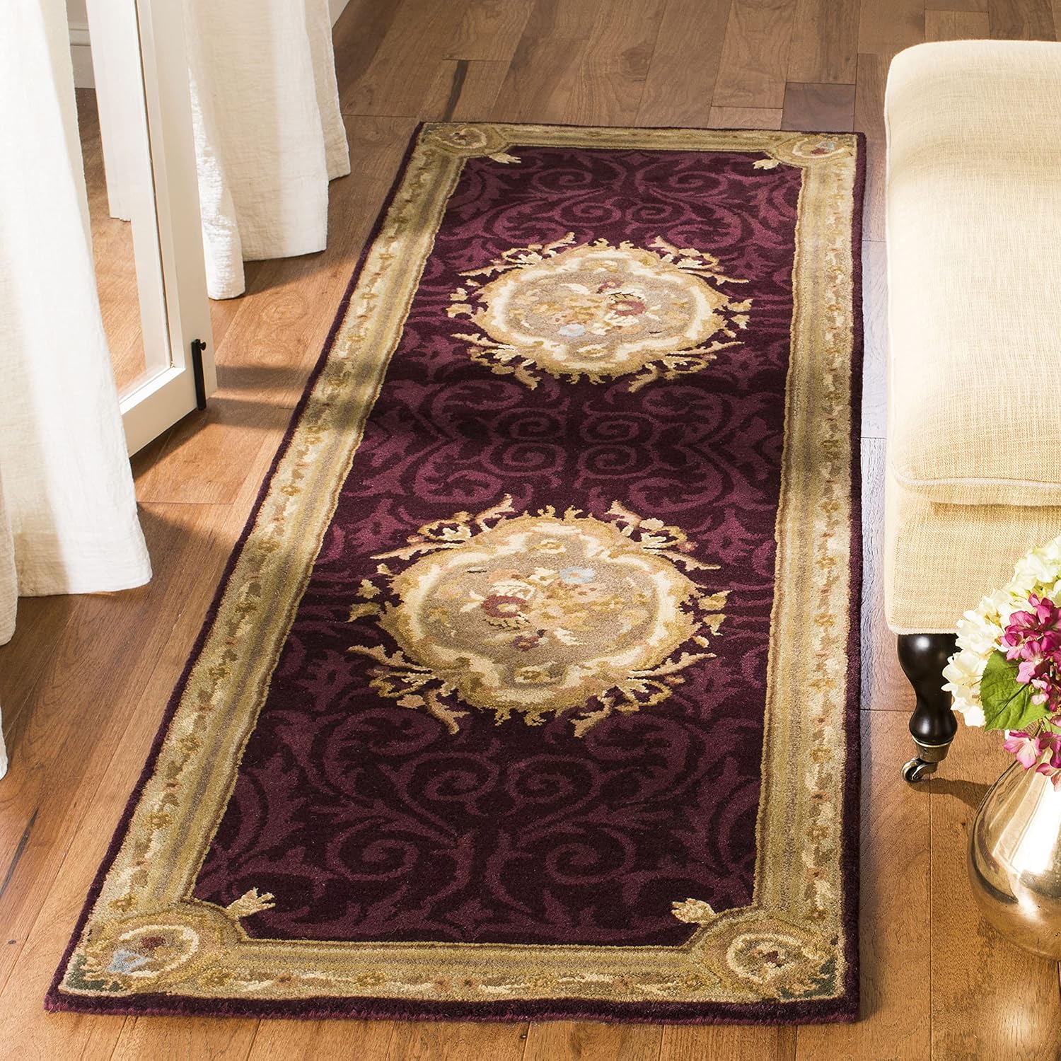 SAFAVIEH Empire Collection Runner Rug - 2'6' x 8', Dark Red & Dark Beige, Handmade Traditional European Wool, Ideal for High Traffic Areas in Living Room, Bedroom (EM414A)