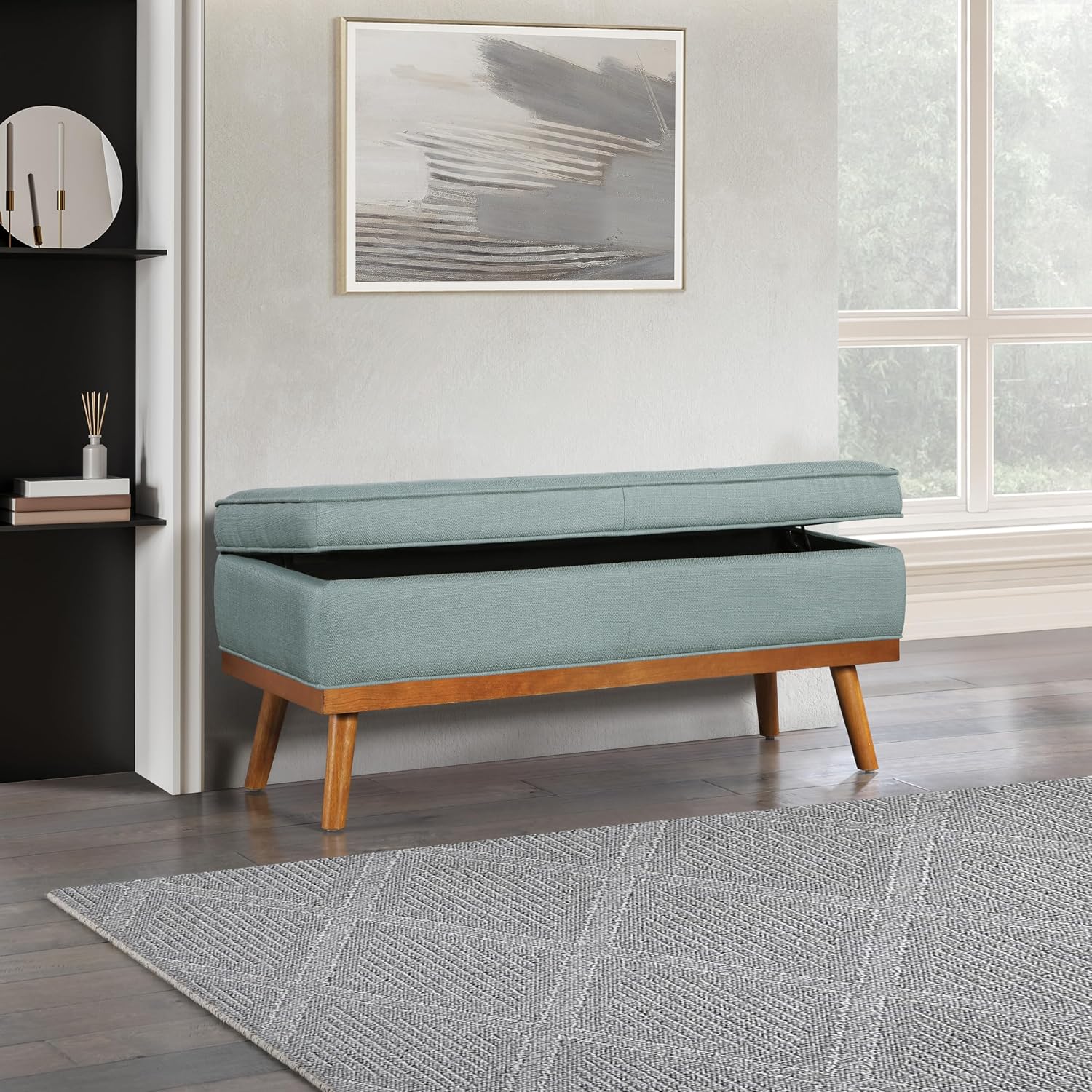 OSP Home Furnishings Katheryn Mid-Century Modern Storage Bench with Tufted Seat and Wood Legs, Sea Blue Fabric