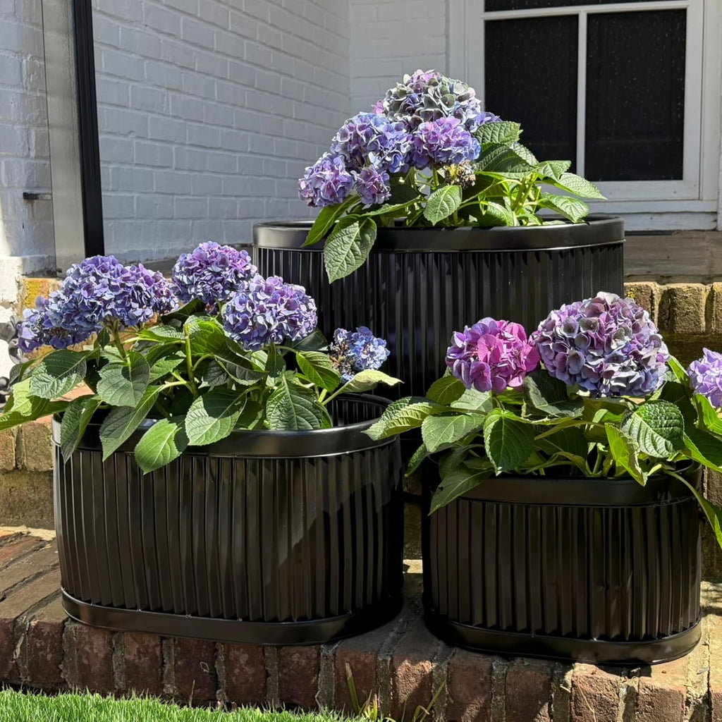 WHW Whole House Worlds French Country Style Oval Planters, Set of 3, Glossy Black, Galvanized Metal, Chubby Belly, Corrugated Cache Pots, Rustic, Over 2 FT, 24.5, 20 and 14.5 Inches
