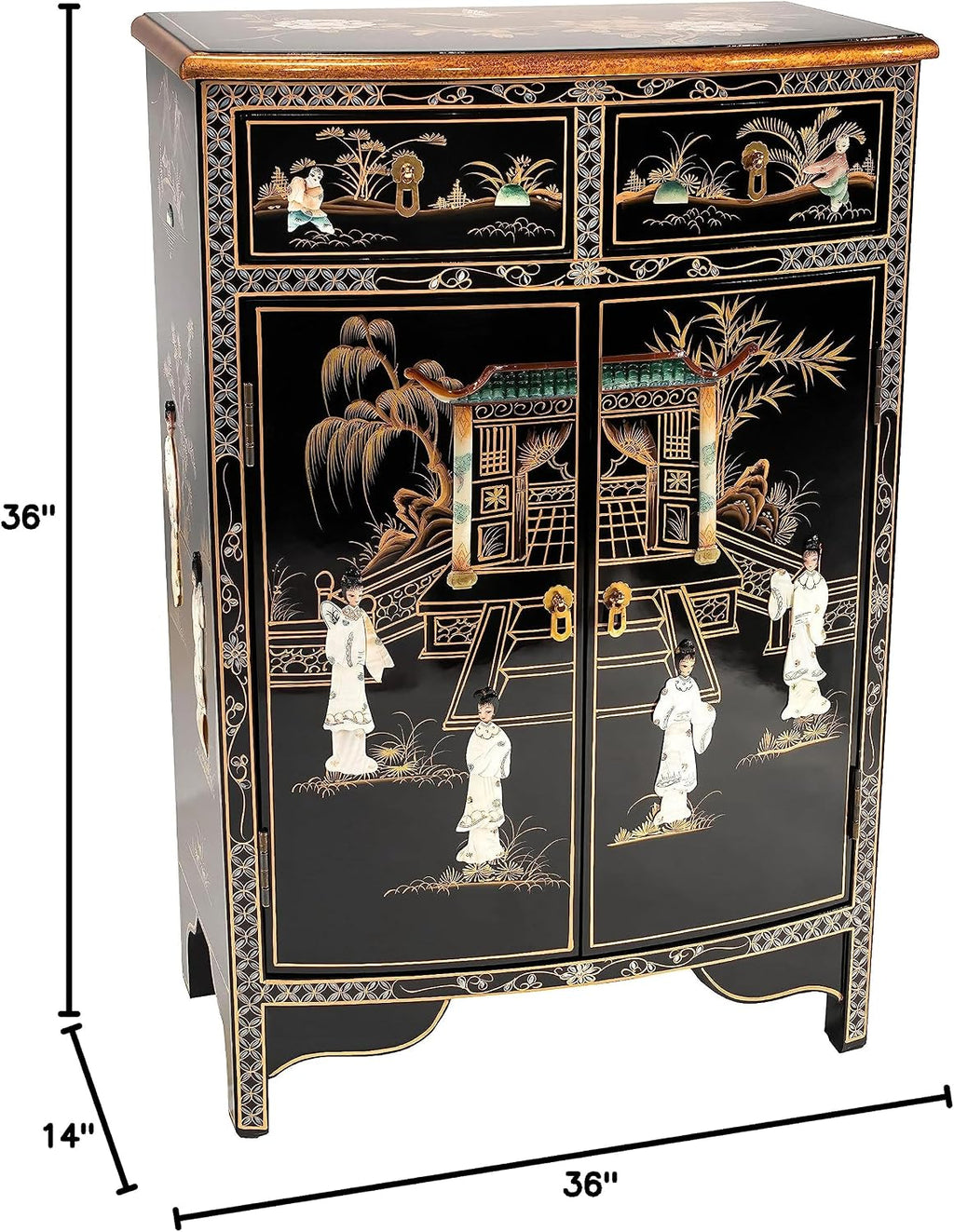Red Lantern Artisan Crafted Lacquer Storage Cabinet - Black with Mother of Pearl Courtyard Scene