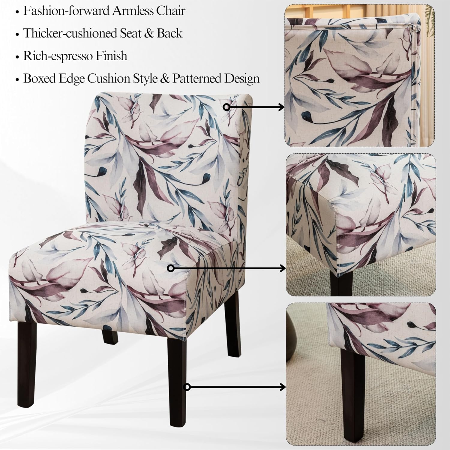 Roundhill Furniture Capa Print Fabric Armless Contemporary Accent Chair, Purple Floral