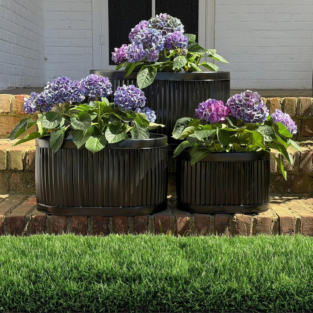 WHW Whole House Worlds French Country Style Oval Planters, Set of 3, Glossy Black, Galvanized Metal, Chubby Belly, Corrugated Cache Pots, Rustic, Over 2 FT, 24.5, 20 and 14.5 Inches