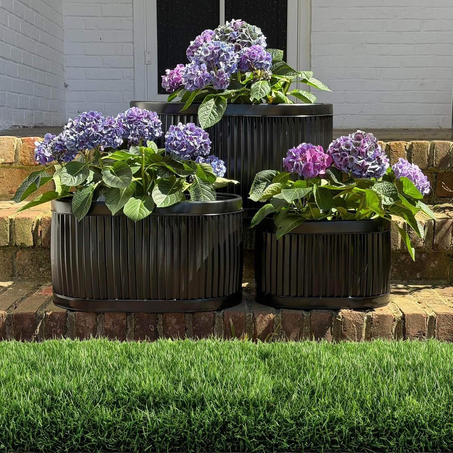 WHW Whole House Worlds French Country Style Oval Planters, Set of 3, Glossy Black, Galvanized Metal, Chubby Belly, Corrugated Cache Pots, Rustic, Over 2 FT, 24.5, 20 and 14.5 Inches