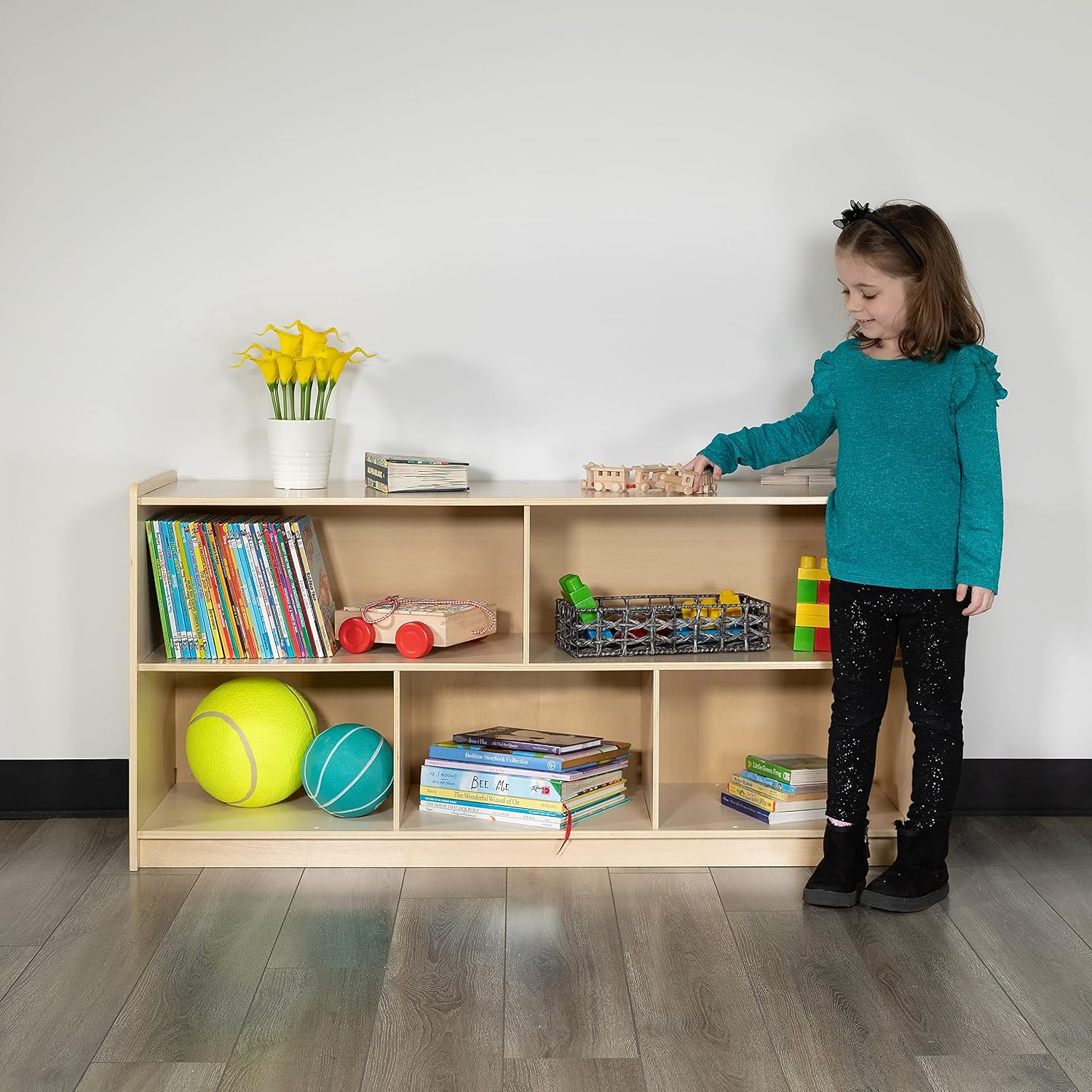 Flash Furniture Hercules Wooden 5 Section School Classroom Storage Cabinet for Commercial or Home Use - Safe, Kid Friendly Design - 24'H x 48'L (Natural)