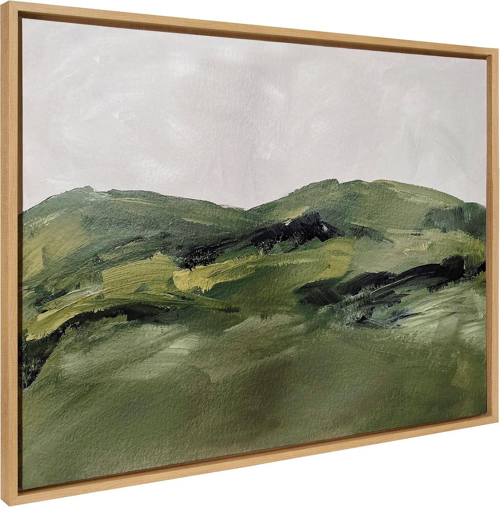 Kate and Laurel Sylvie Green Mountain Landscape Framed Canvas Wall Art by Amy Lighthall; 28x38 Natural; Modern Soft Watercolor Nature Landscape Art for Wall Home Decor