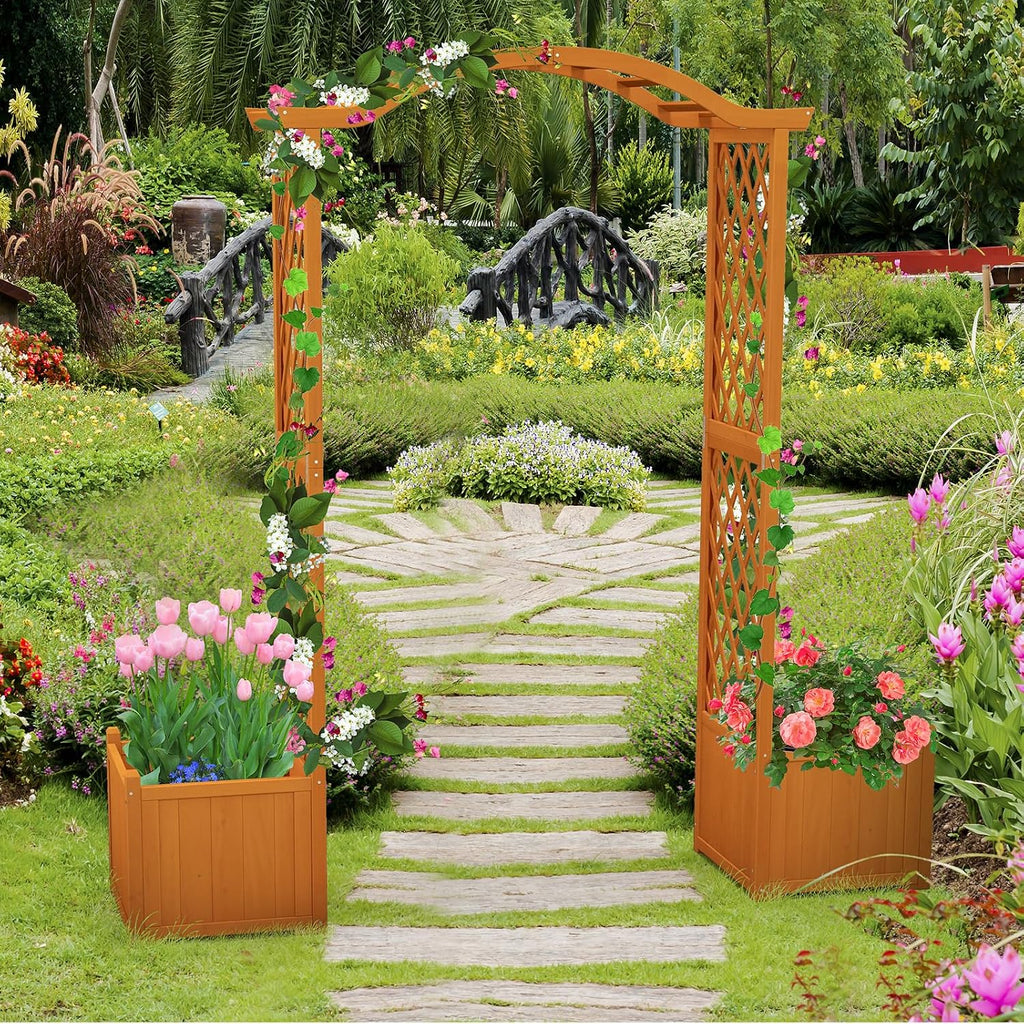 Moccha Wooden Garden Arbor with Planter - Outdoor Arbor Trellis for Climbing Plants, Roses, Vines, Outside Pergola Planter, Garden Arch for Lawn Backyard Wedding Ceremony Bridal Party (Natural)