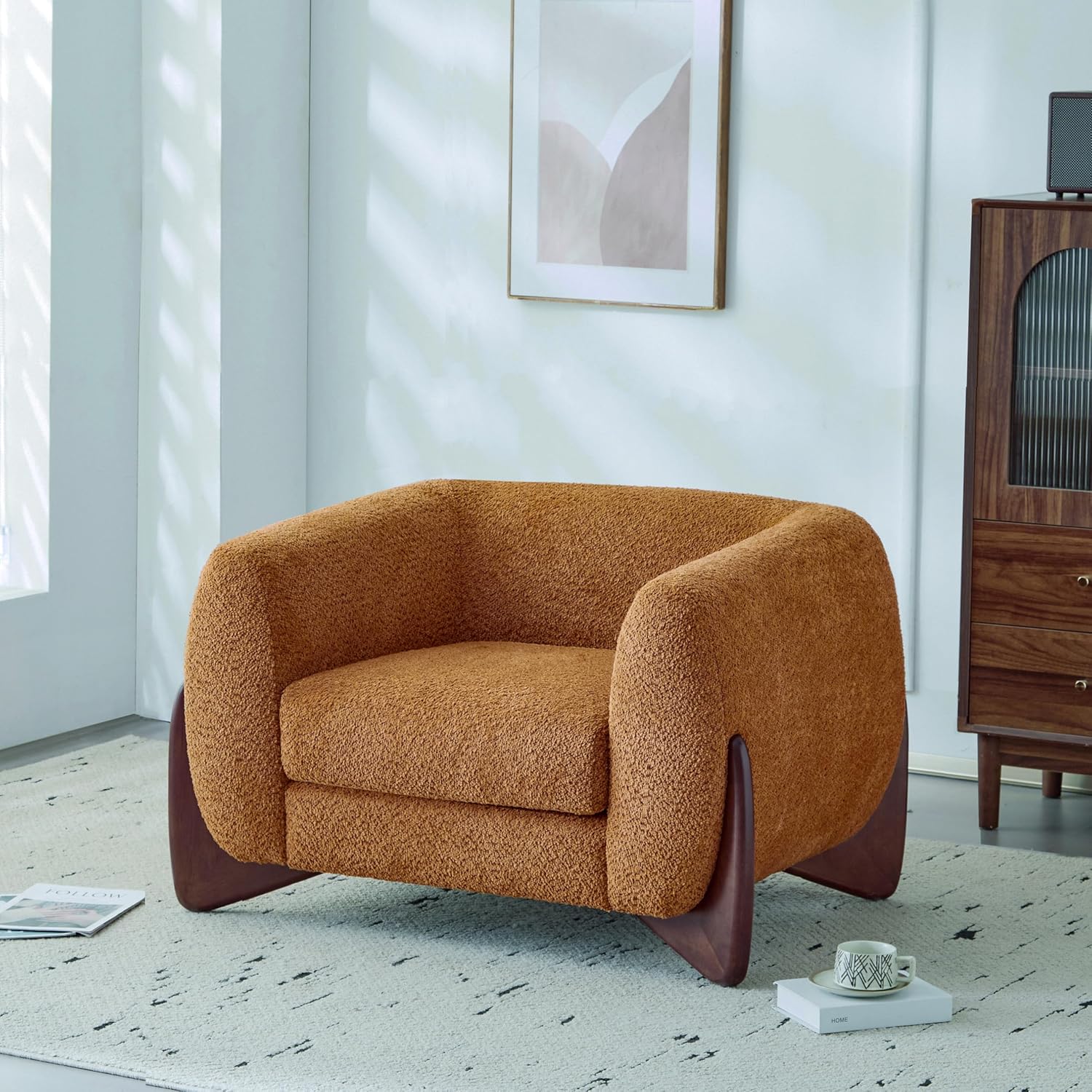 Christopher Knight Home Holly Modern Boucle Fabric Upholstered Club Chair for Living Room, Home Office, Apartment, Relaxing Chair with Removable Cushion and Birch Wood Legs, Caramel Brown + Walnut