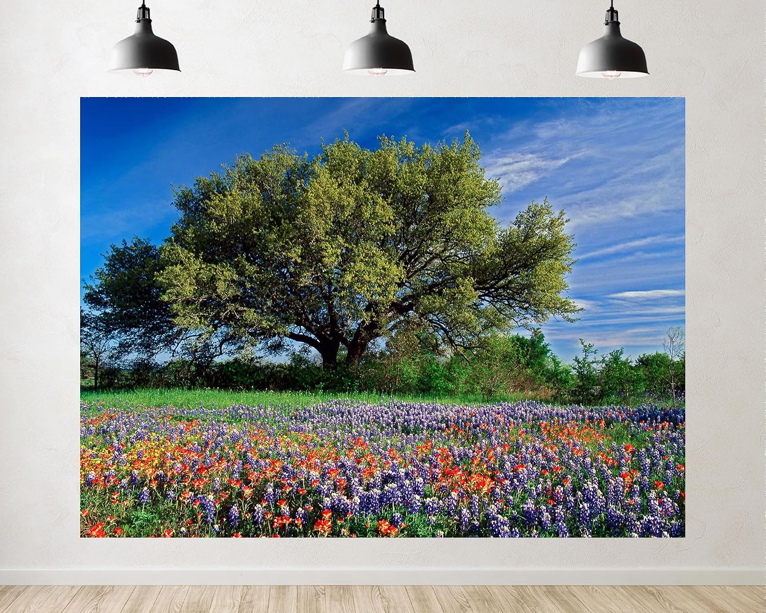 Trykid 20x10ft Texas Wildflower Field Backdrop Large Oak Tree Bluebonnets Indian Paintbrush Clear Blue Sky Photography Background Country Festival Party Decoration Photo Booth Prop Fabric