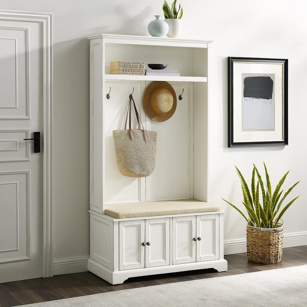 Crosley Furniture Holbrook Hall Tree with Shoe Rack Bench and Coat Hooks for Hanging Storage, Distressed White