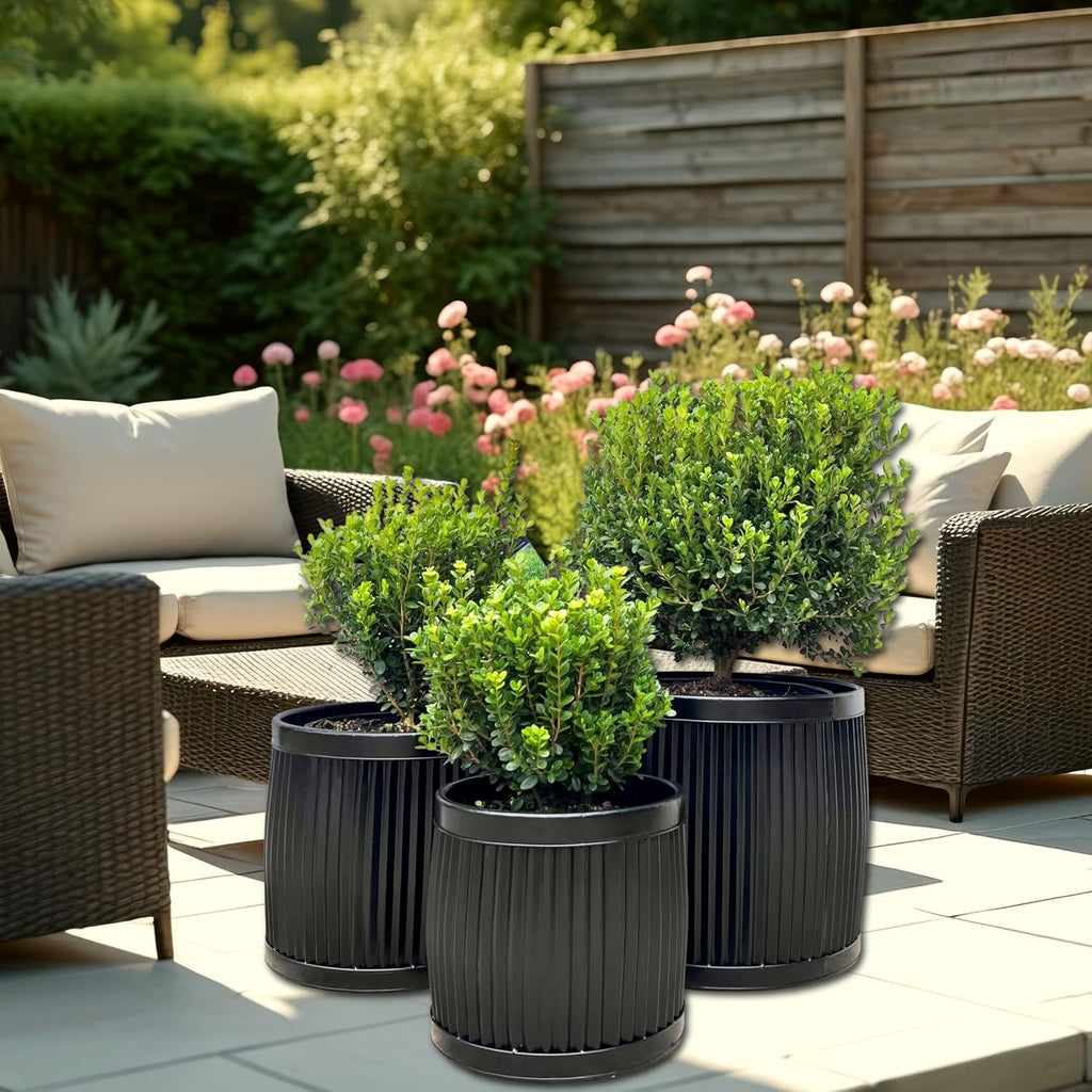 WHW Whole House Worlds French Country Style Belly Bucket Planters, Round, Set of 3, Iron, Glossy Black, Corrugated Cache Pots, Rustic, Large Capcity, from Over 1 Ft Diameter (17-12 Inches)