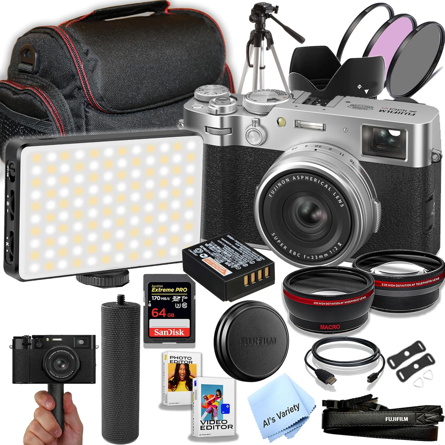 FUJIFILM X100VI Digital Camera (Silver) + 64GB Exteme Memory +120 Led Fill Light +Lense +Filters + Tulip+ Case + Tripod + Stabilizing Grip + Software Pack +More (Content Bundle)