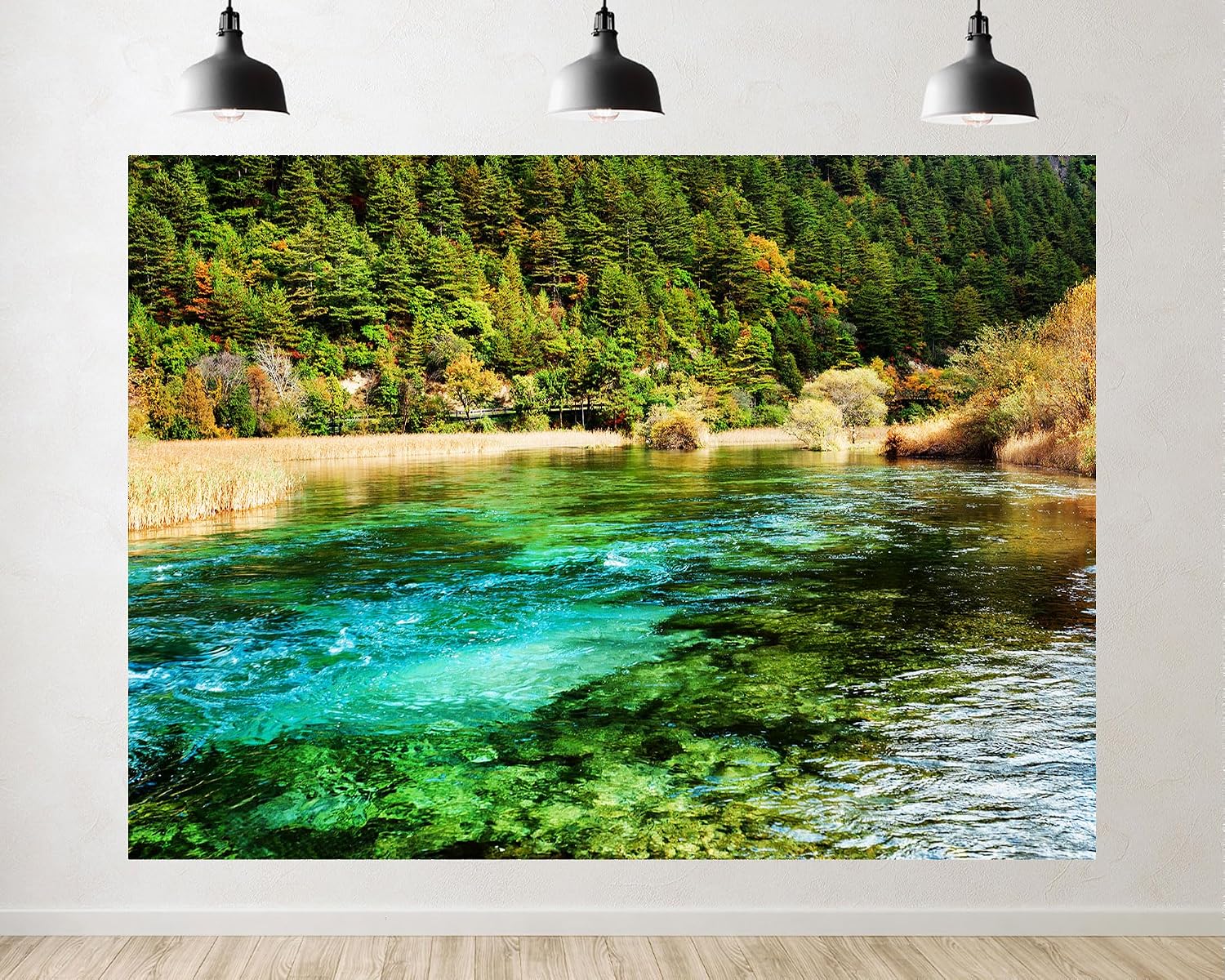 Trykid 20x10ft Turquoise River Backdrop Dense Evergreen Forests Autumn Foliage Clear Water Photography Background Nature Hiking Festival Wedding Party Decoration Photo Booth Prop Fabric