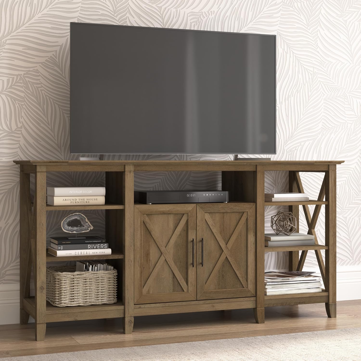 Bush Home Key West Tall TV Stand for 65 Inch TV in Reclaimed Pine, Farmhouse Entertainment Center with Storage