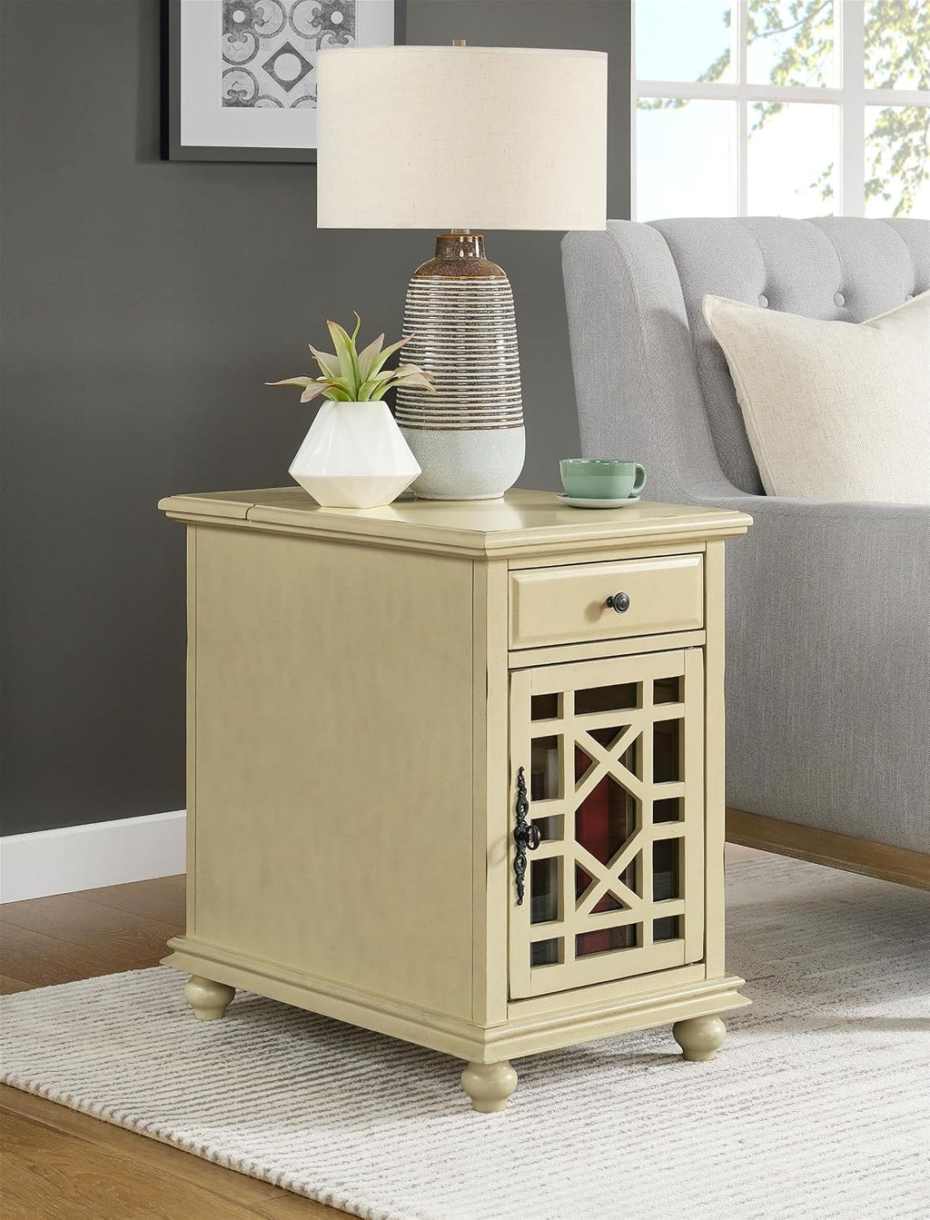 Martin Svensson Home Elegant Chairside End Table with Power — 24″W x 16″D x 25″H, Antique Cream White — Transitional Painted Accent Table with Flip-Top USB Charging, Drawer & Cabinet Storage