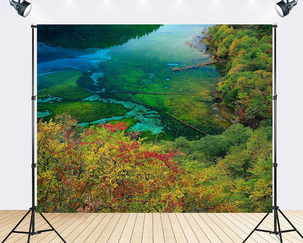 Trykid 20x10ft Turquoise Lake Autumn Foliage Backdrop Logs Trees Clear Water Expansive View Photography Background for Wedding Party Event Decoration Photo Booth Prop Fabric