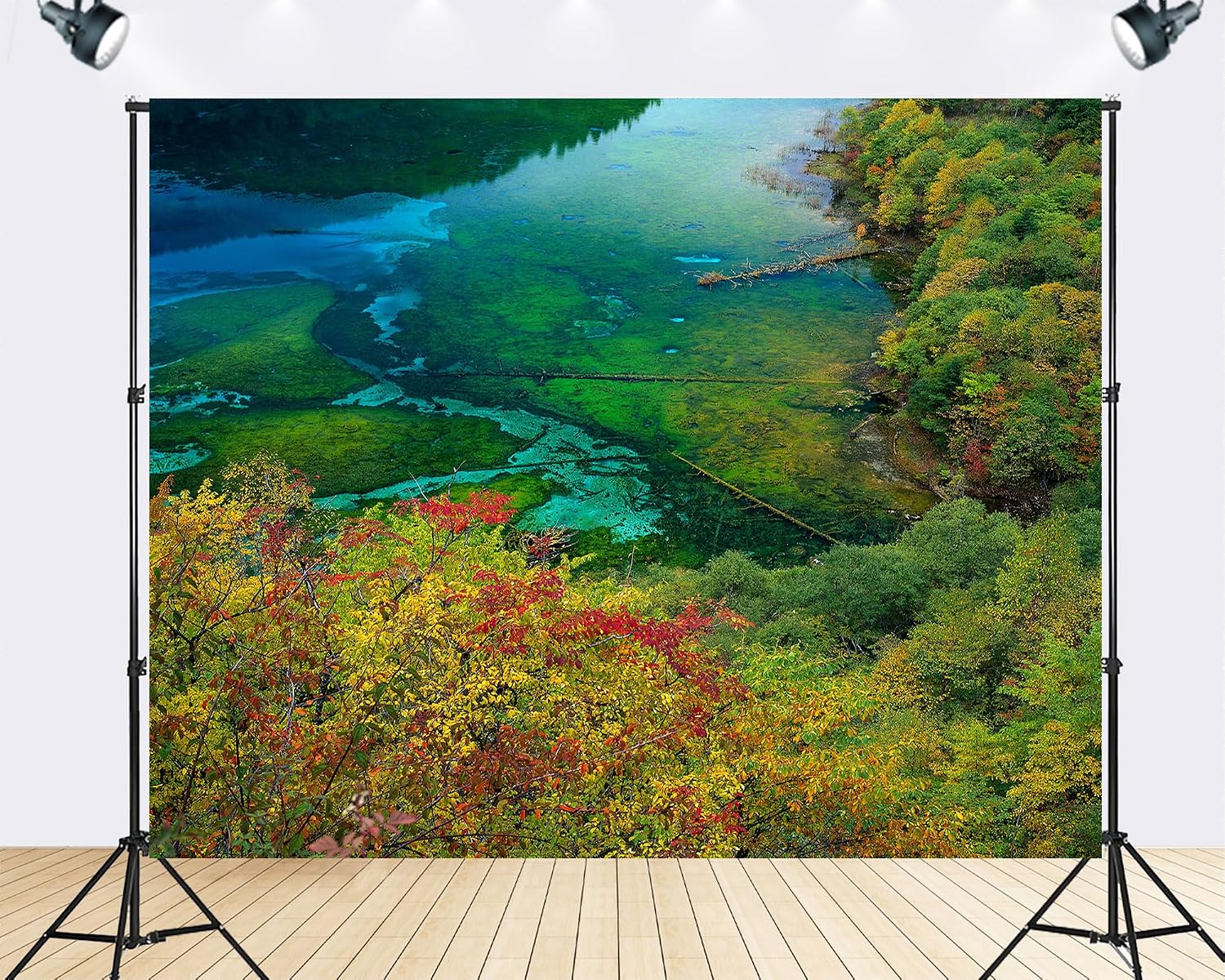 Trykid 20x10ft Turquoise Lake Autumn Foliage Backdrop Logs Trees Clear Water Expansive View Photography Background for Wedding Party Event Decoration Photo Booth Prop Fabric