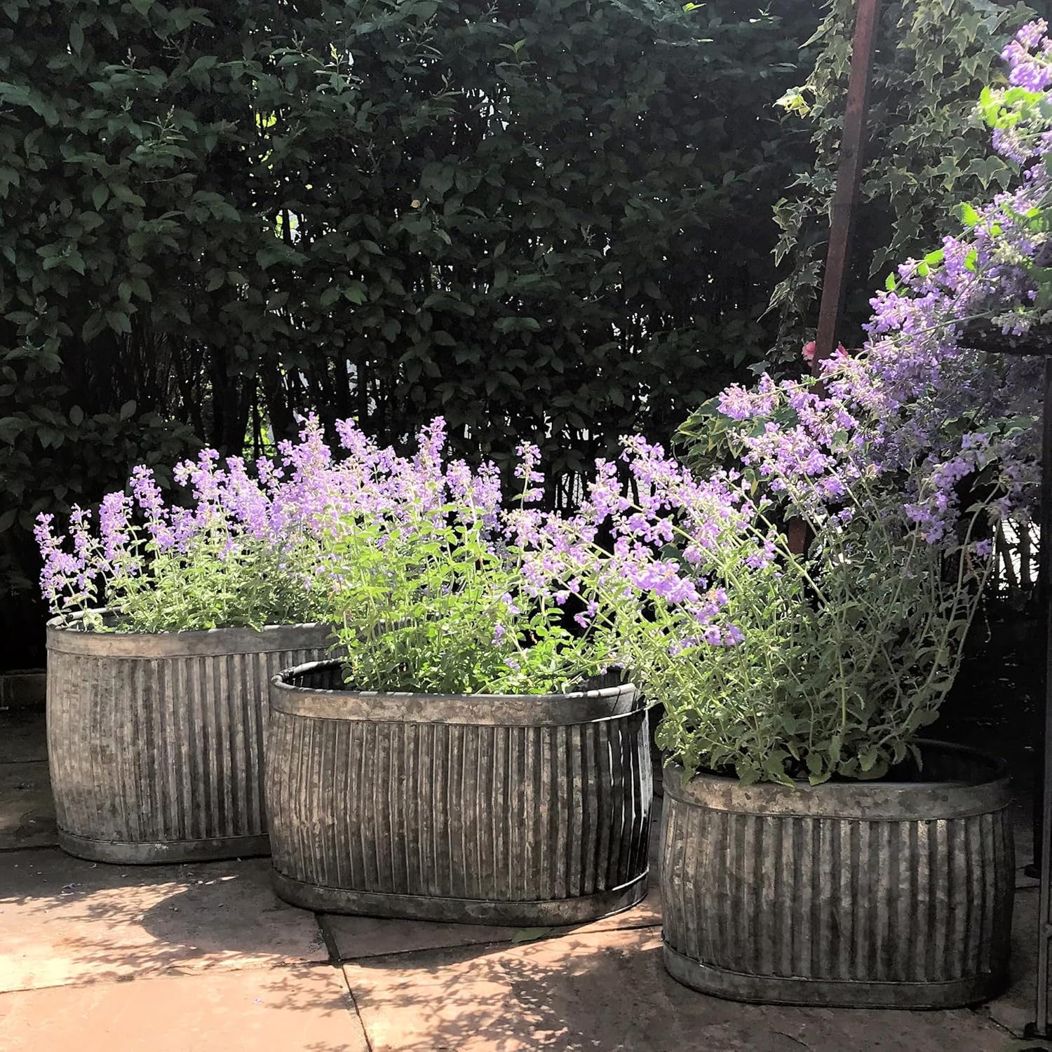 WHW Whole House Worlds French Country Style Oval Belly Planters, Set of 3, Galvanized Metal, Chubby, Corrugated Cache Pots, Rustic, Over 2 Ft Long (24 1/2, 20 and 14 1/2 Inches)