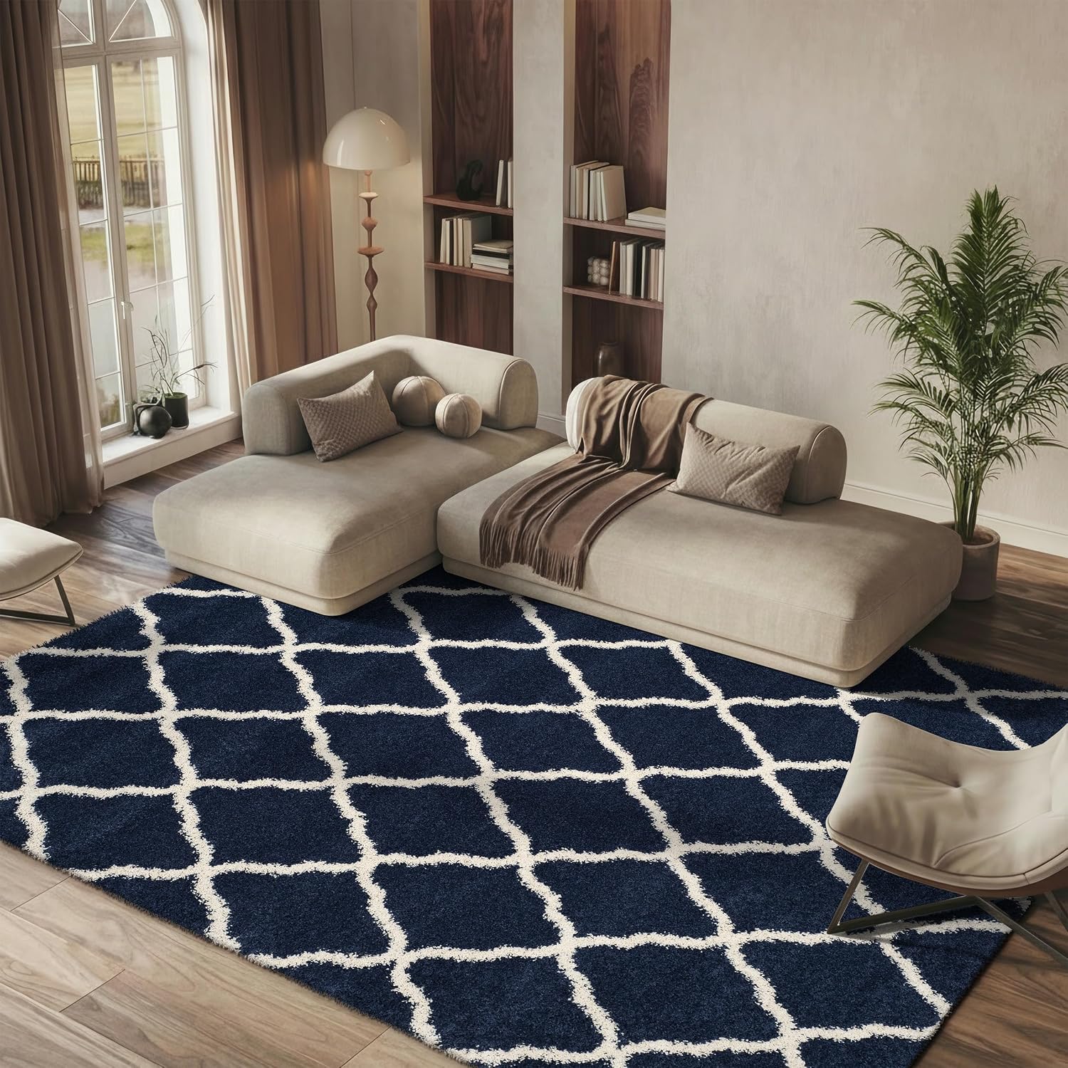 SAFAVIEH Hudson Shag Collection Area Rug - 9' x 12', Navy & Ivory, Moroccan Trellis Design, Non-Shedding & Easy Care, 2-inch Thick Ideal for High Traffic Areas in Living Room, Bedroom (SGH283C)
