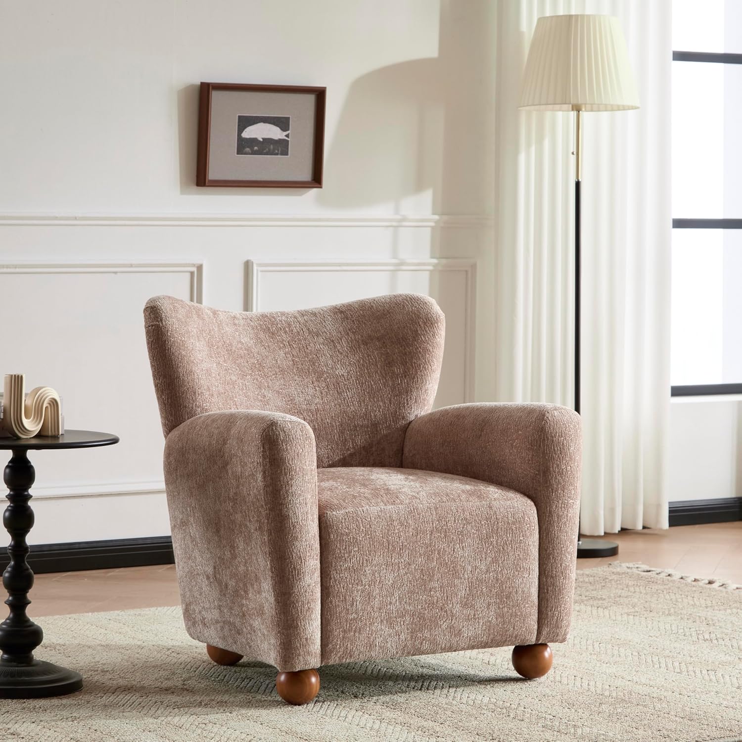 Christopher Knight Home Lindy Wingback Accent Chair, Upholstered Armchair with Rounded Wooden Legs, Curved Backrest Single Sofa, Soft Cushion Seating, Comfy Lounge Chair for Living Room, Beige Brown