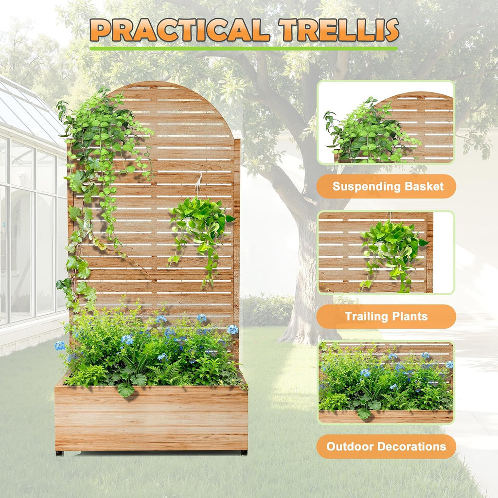 Metal Raised Garden Bed with Trellis, 2-in-1 Planter Box & Privacy Screen for Climbing Plants, Outdoor Standing Flower Bed with Drainage Holes, 35.4'L x 15.7'W x 70.1'H, Acacia Wood Grain-Louvered
