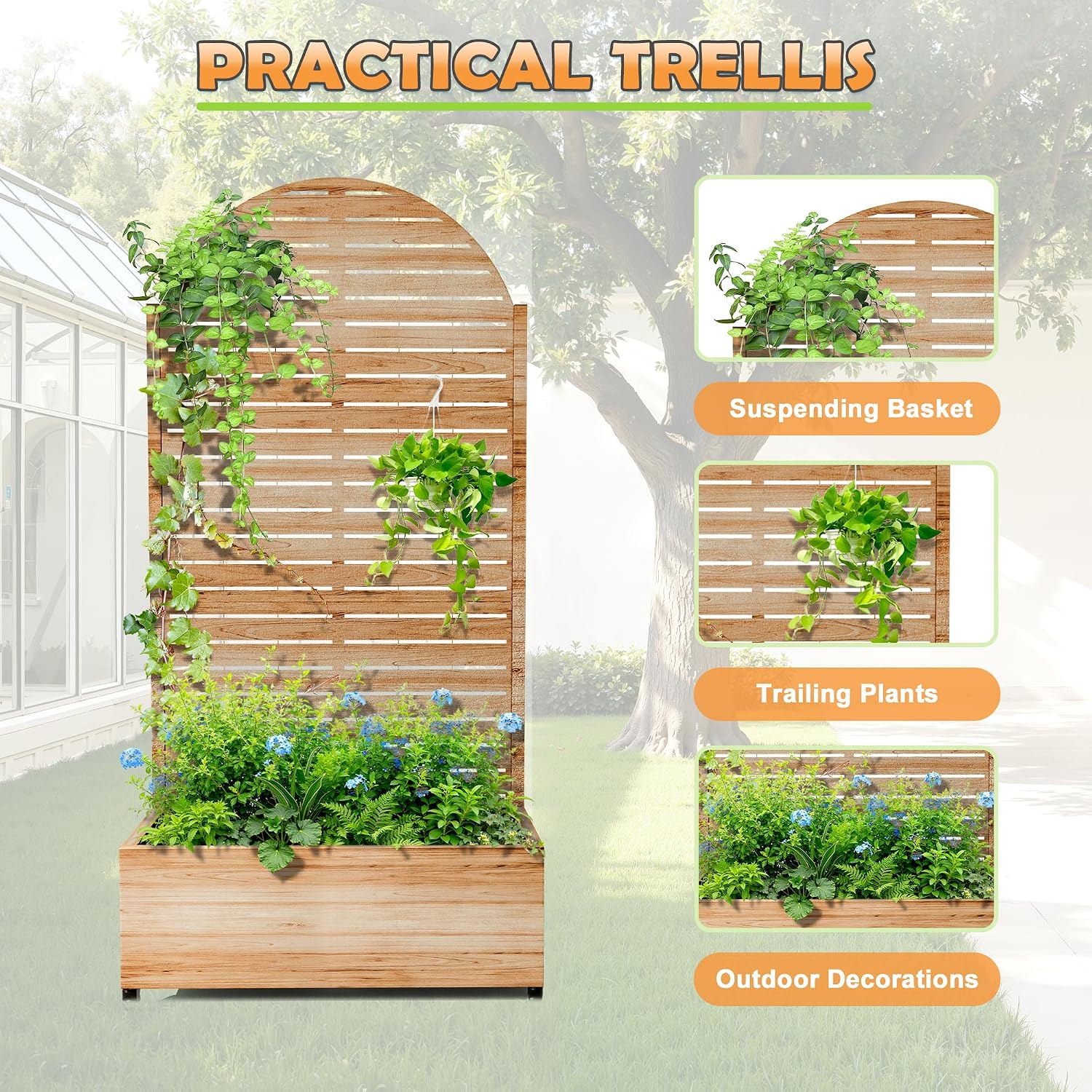 Metal Raised Garden Bed with Trellis, 2-in-1 Planter Box & Privacy Screen for Climbing Plants, Outdoor Standing Flower Bed with Drainage Holes, 35.4'L x 15.7'W x 70.1'H, Acacia Wood Grain-Louvered